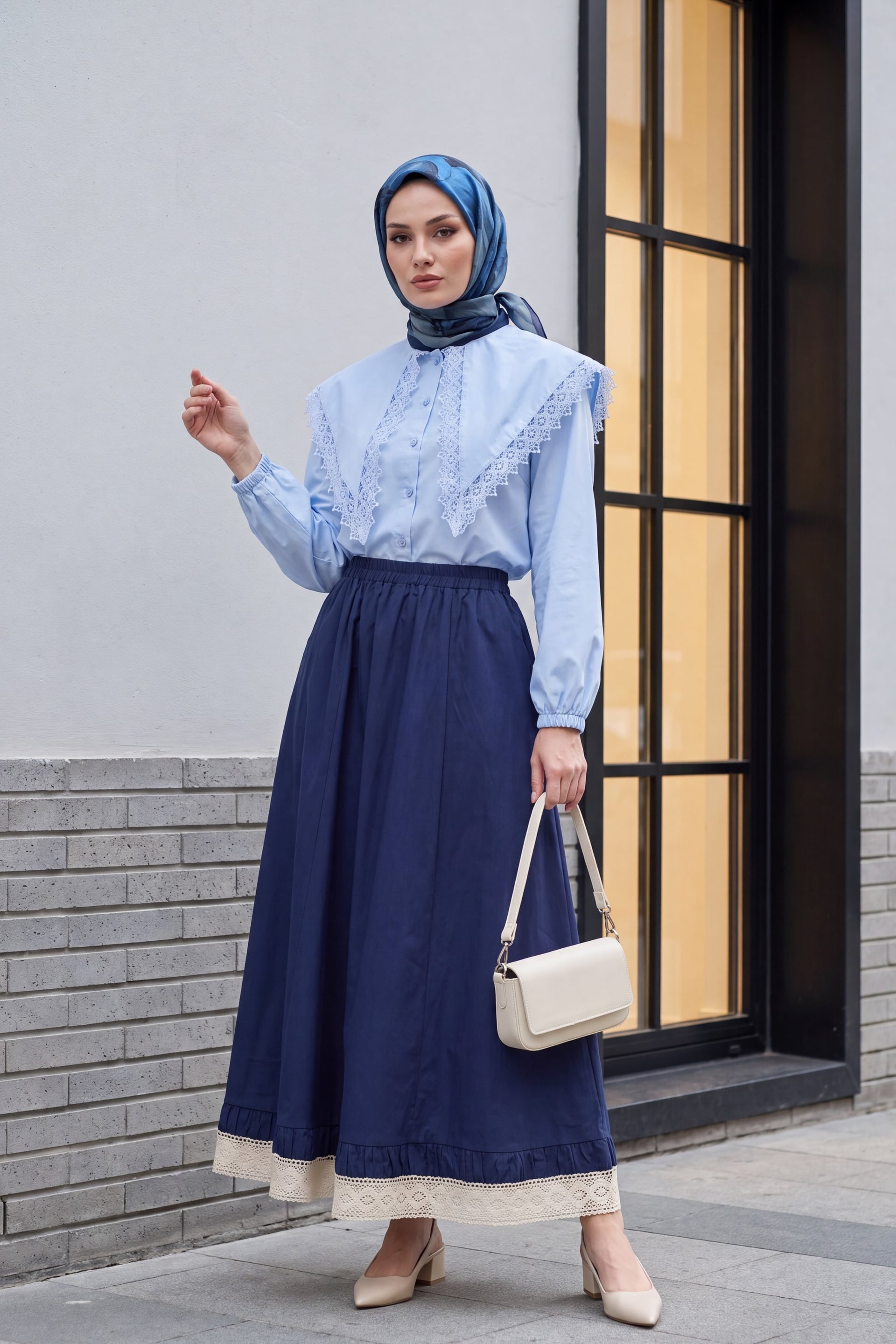Navy Blue Elasticated Waist Poplin Skirt with Lace Trim and Pockets - Podyumplus - by Peralane - photo 4