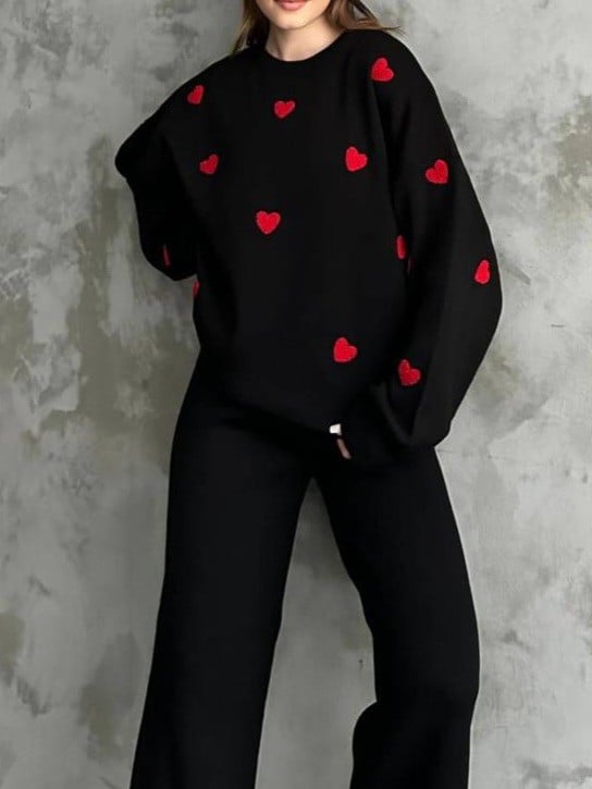 Black Knit Loungewear Set with Red Heart Print - Women's Sweater and Trousers - Modabessa - by Peralane - photo 2