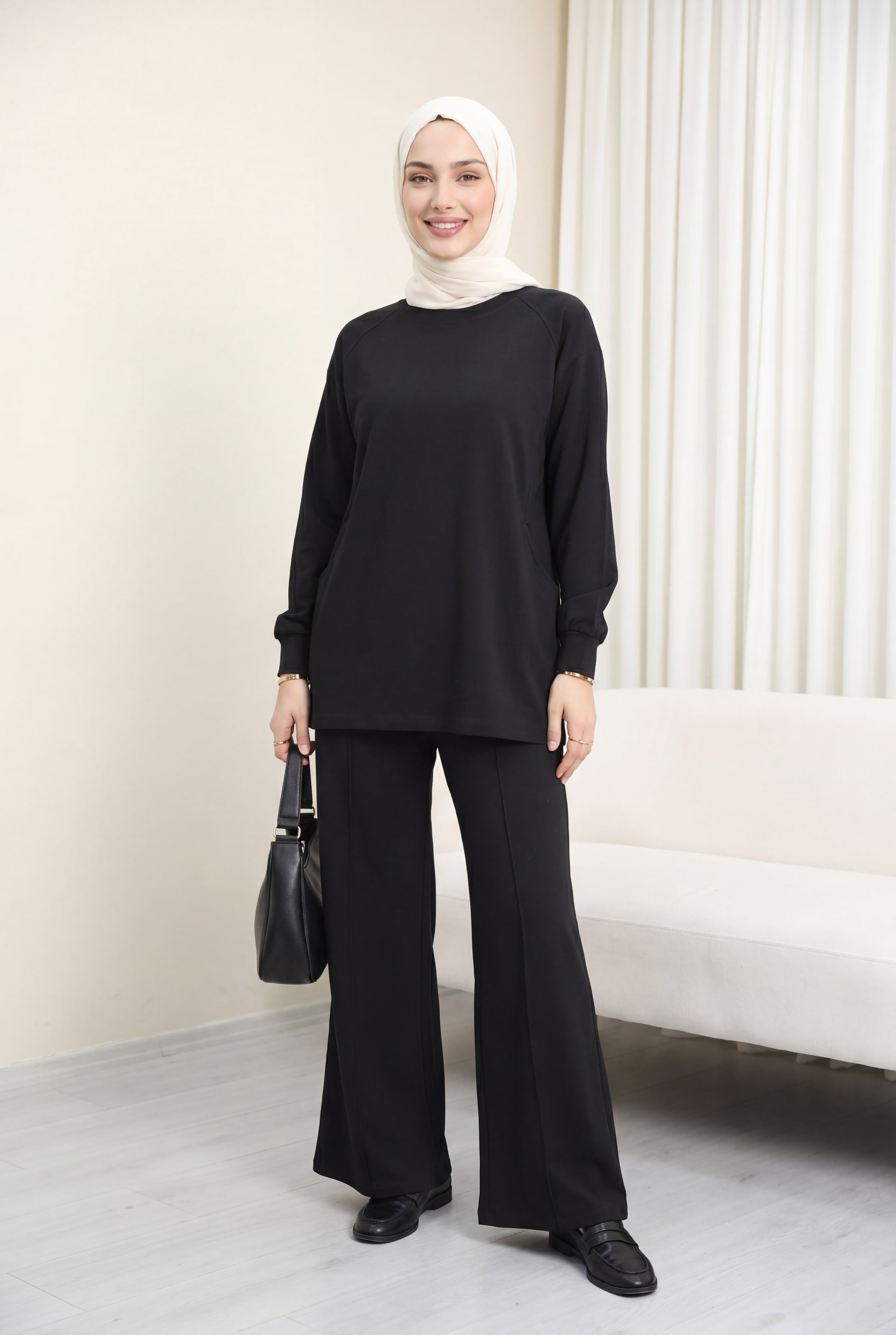 Scoop Neck Oversize Two-Piece Set with Pocket Trousers - Black - Podyumplus - by Peralane - photo 2