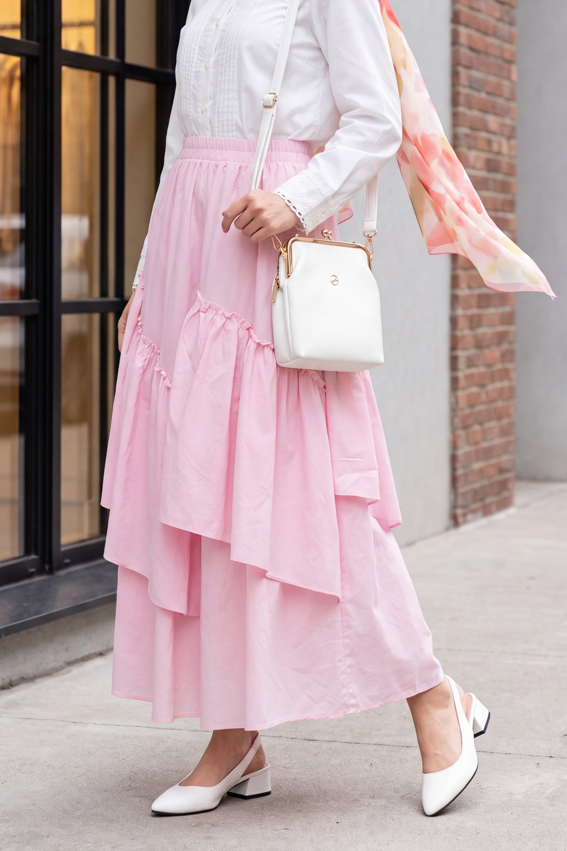 Pink Asymmetric Ruffled Lined Voile Skirt with Elastic Waist - Podyumplus - by Peralane