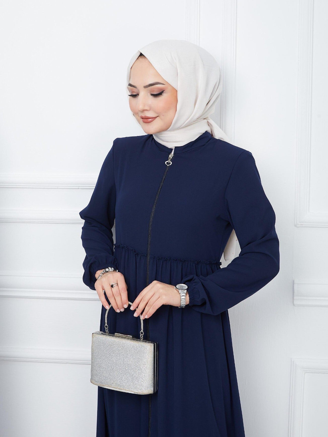 Navy Blue Long-Sleeved Modest Dress with Full-Length Zip and Tiered Ruffled Hem - Podyumplus - by Peralane - photo 4