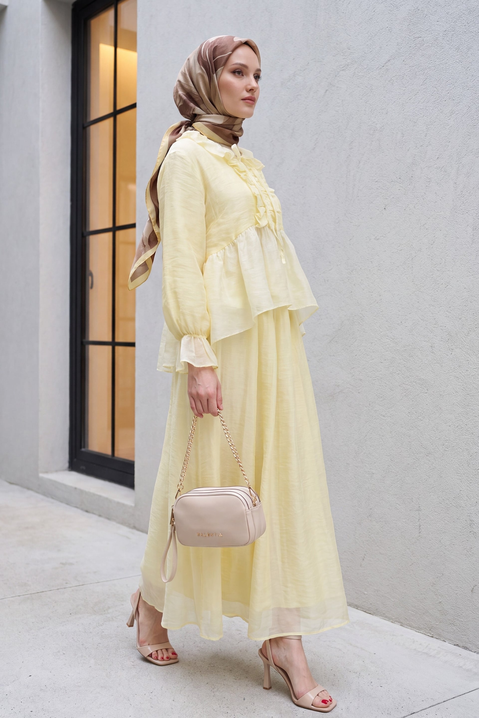 Tie Neck Ruffle Sleeve Asymmetric Tulle Voile Set - Pale Yellow - Podyumplus - by Peralane - photo 2