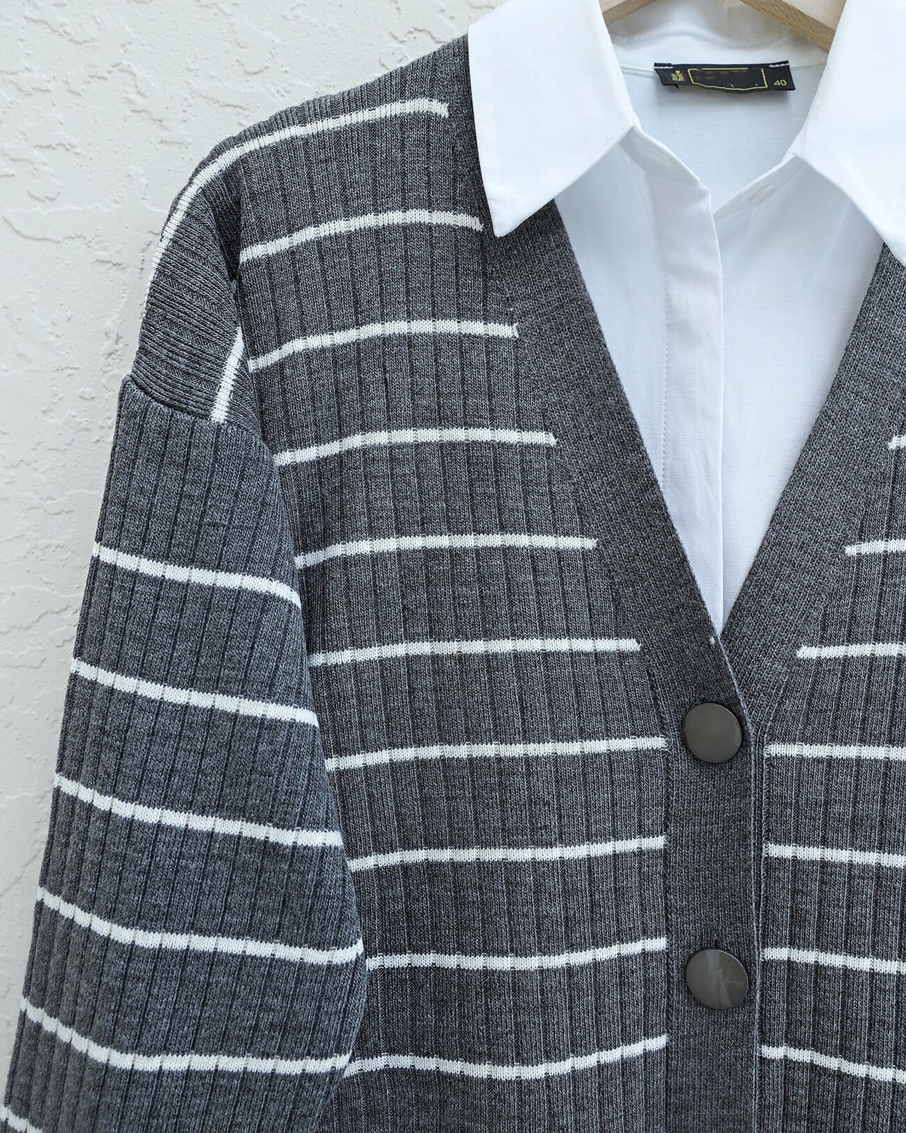Ribbed Buttoned Long Knit Cardigan - Smoke - Podyumplus - by Peralane - photo 4