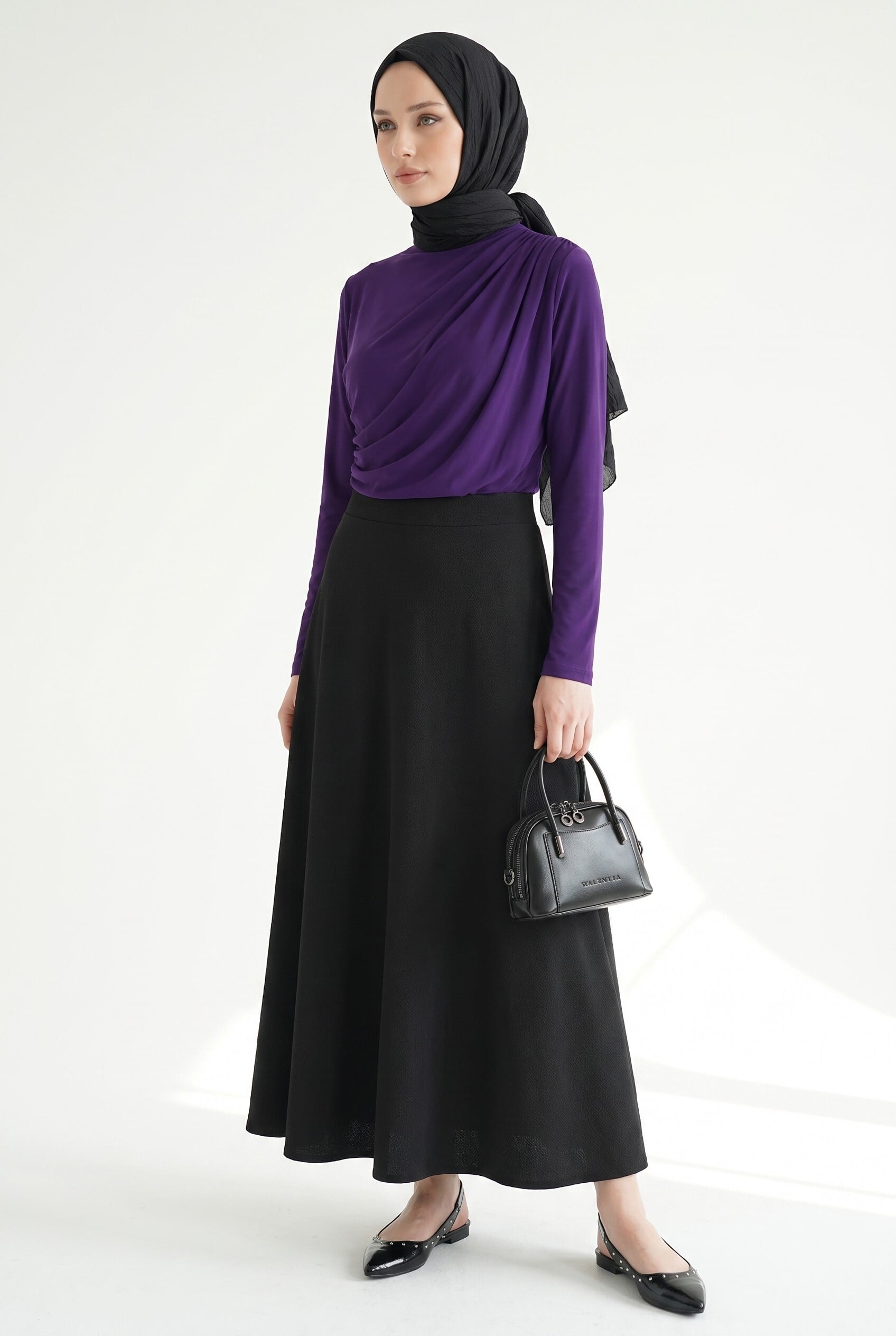 Black Lycra Crepe Flared Maxi Skirt - Podyumplus - by Peralane - photo 9