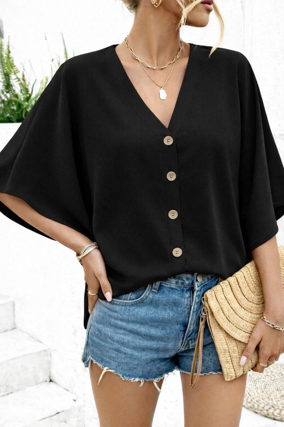 Women's Short Batwing Sleeve V-Neck Button-Up Blouse - Black (Pack of 8) - Janes - by Peralane - photo 2