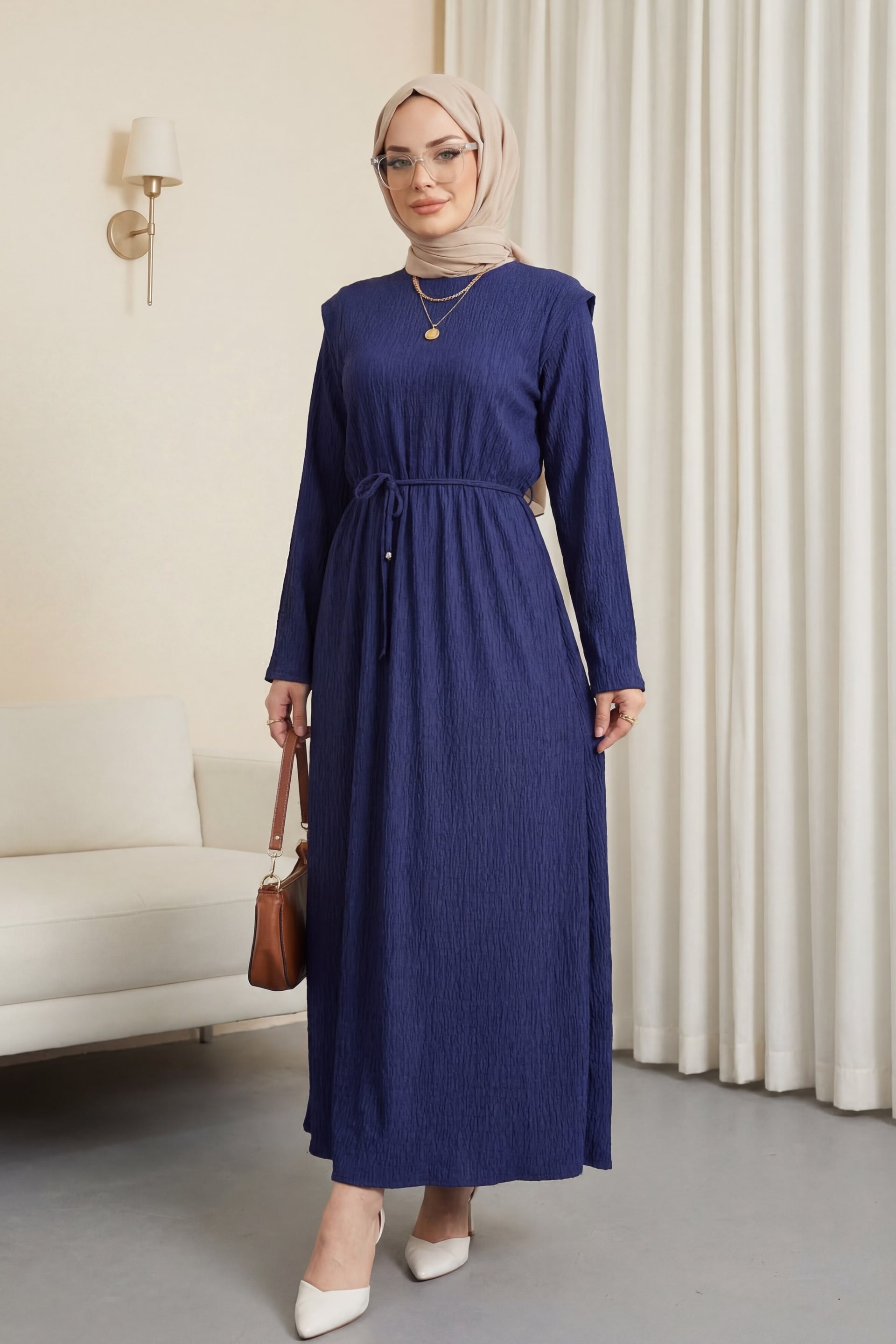 Navy Blue Textured Dress with Padded Shoulders and Tie Waist - Podyumplus - by Peralane