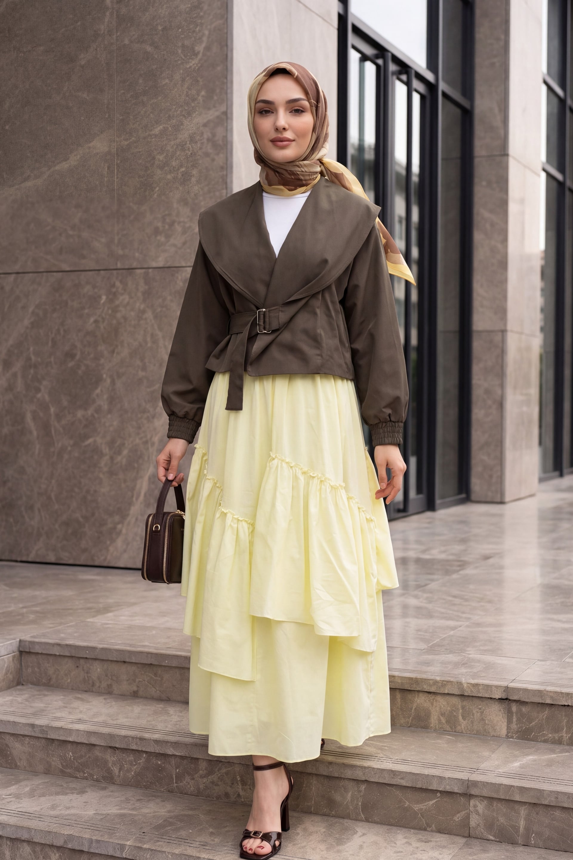 Shawl Collar Crop Jacket with Elasticated Cuffs and Belted Waist - Light Brown - Podyumplus - by Peralane - photo 2