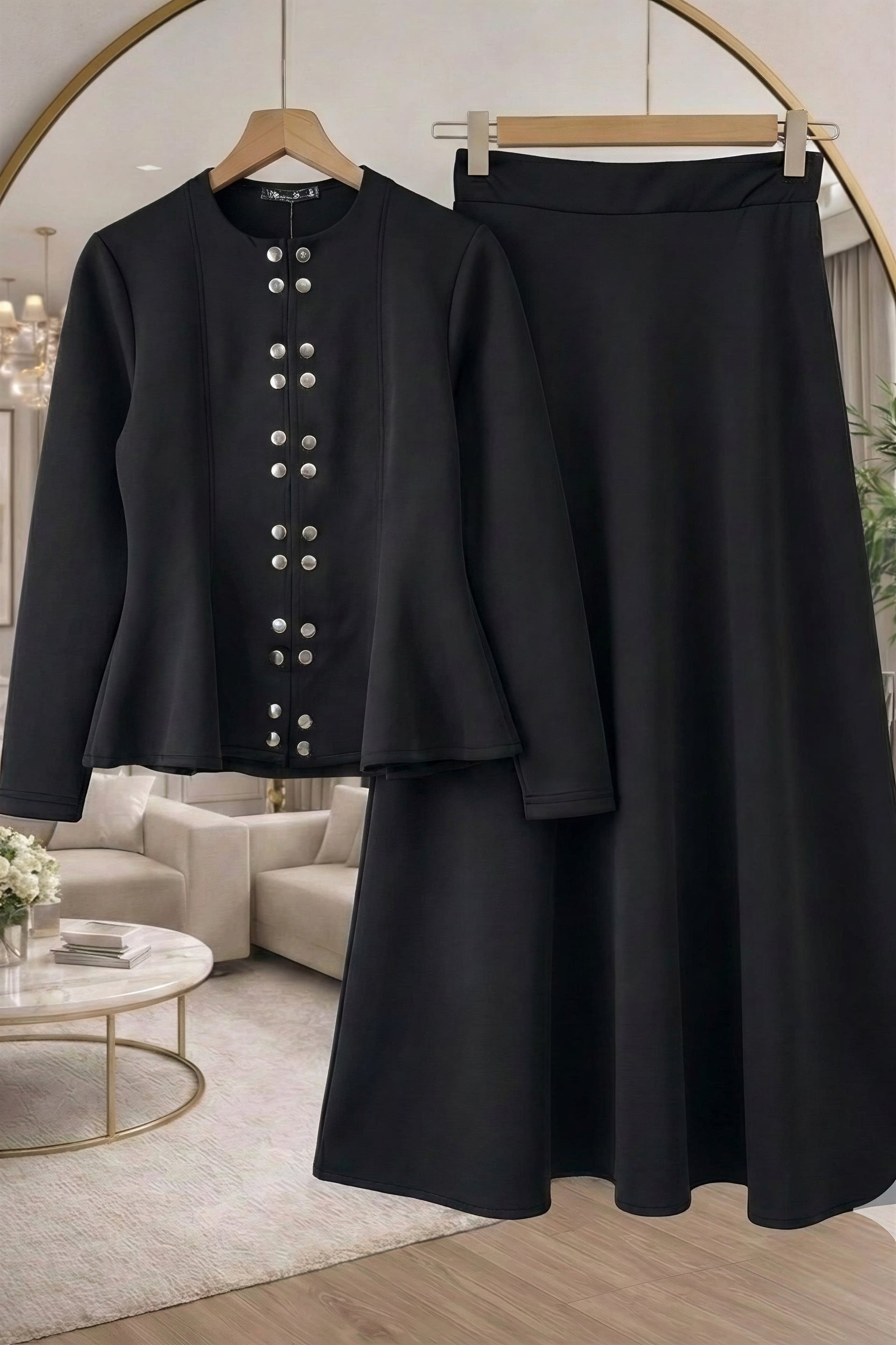 Double Snap Front Peplum Jacket and Flared Skirt Scuba Set - Black - Podyumplus - by Peralane - photo 5