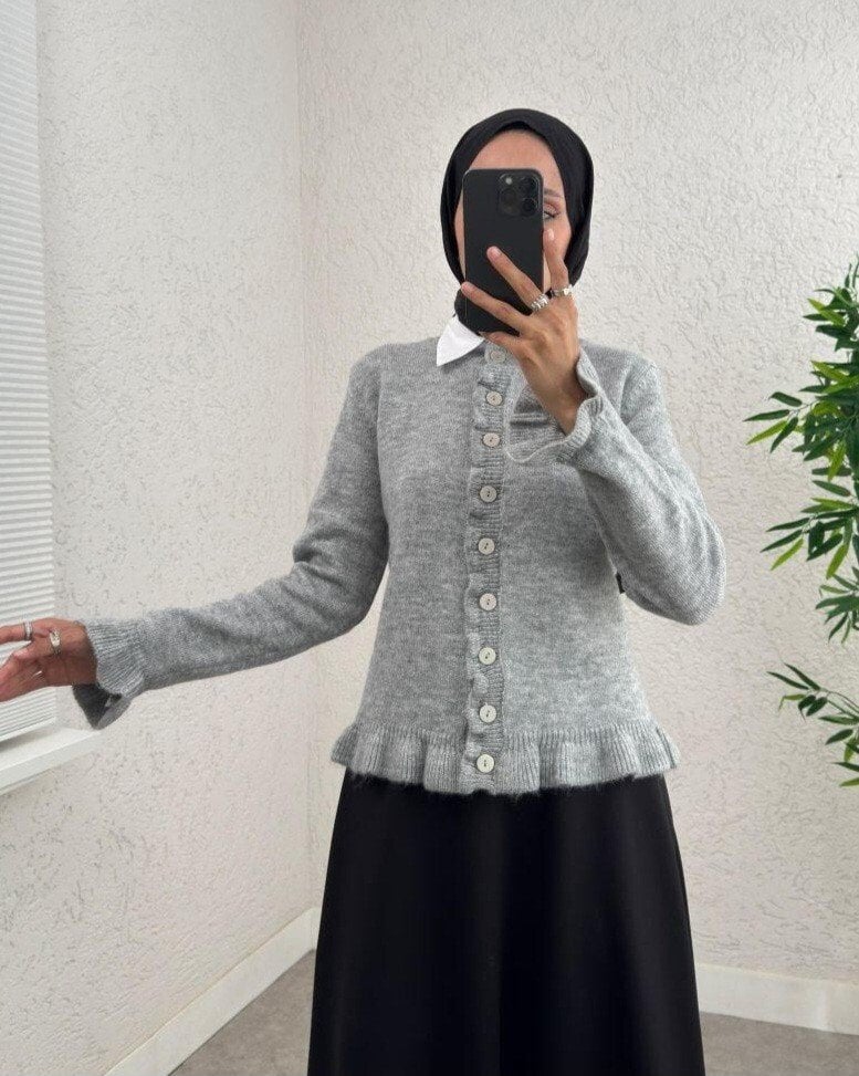 Grey Button-Up Cardigan with Peplum Hem - Podyumplus - by Peralane - photo 8