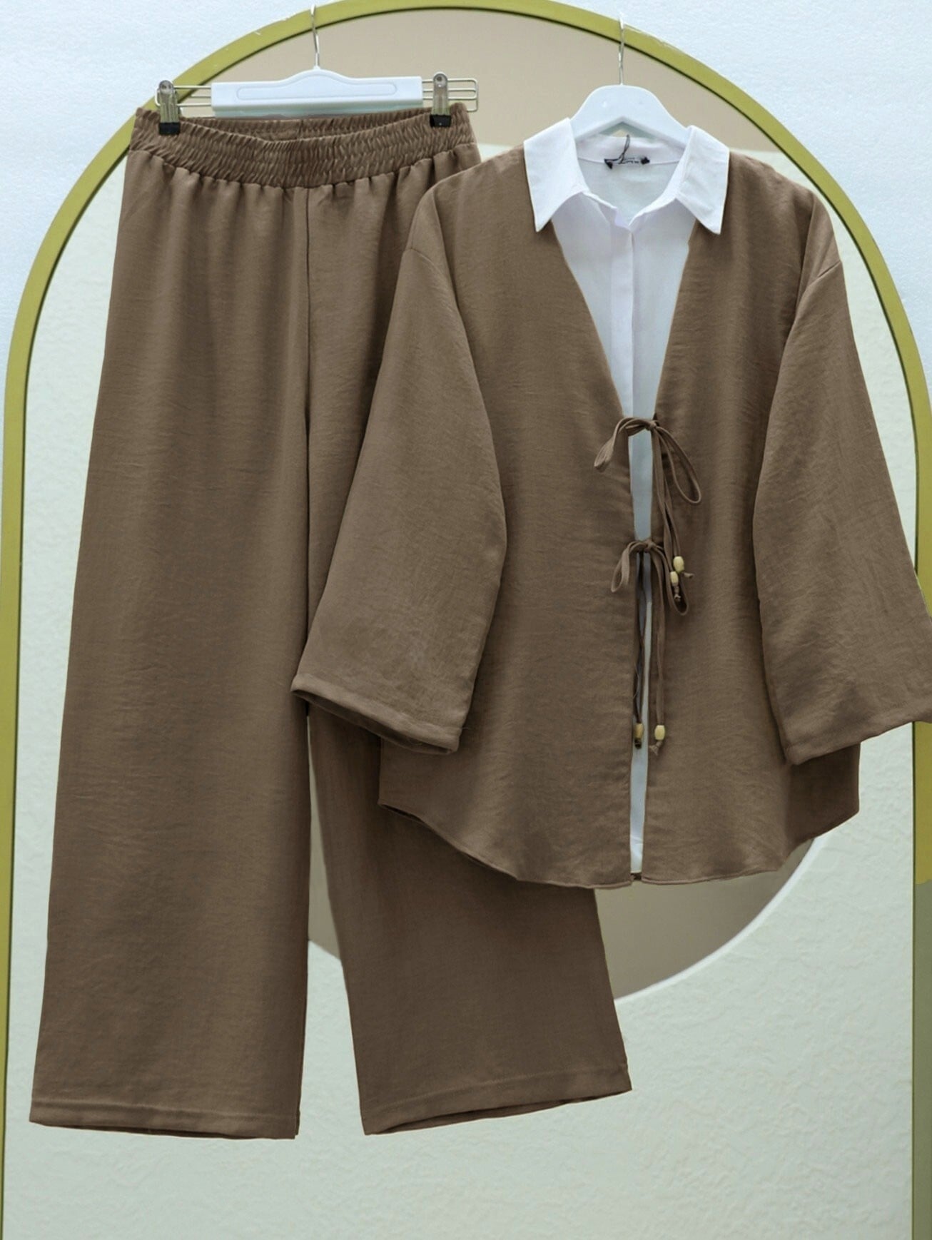 Double Tie-Front Kimono Set with Trousers - Light Brown - Podyumplus - by Peralane - photo 8