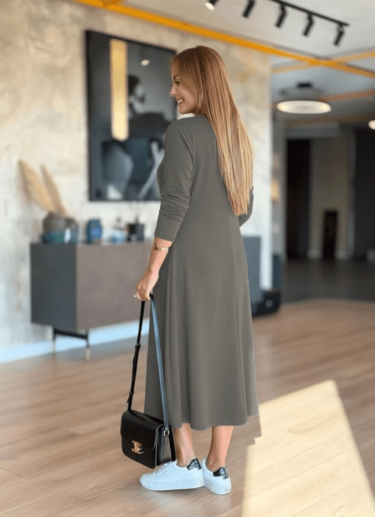 Women's Long Sleeve V-Neck Midi Dress in Olive Green - Janes - by Peralane - photo 4