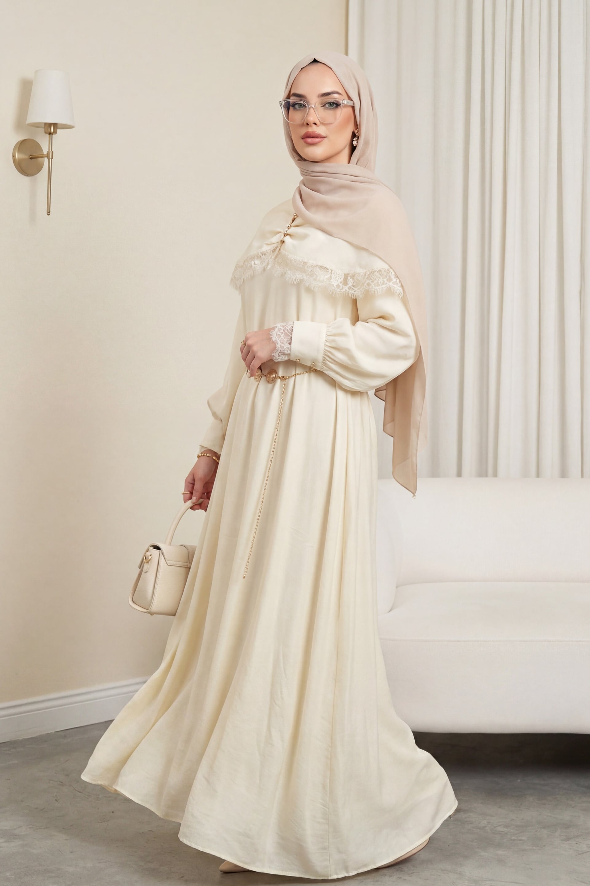 Lace Detail Cape Belted Lined Imported Ibiza Dress - Beige - Podyumplus - by Peralane - photo 4