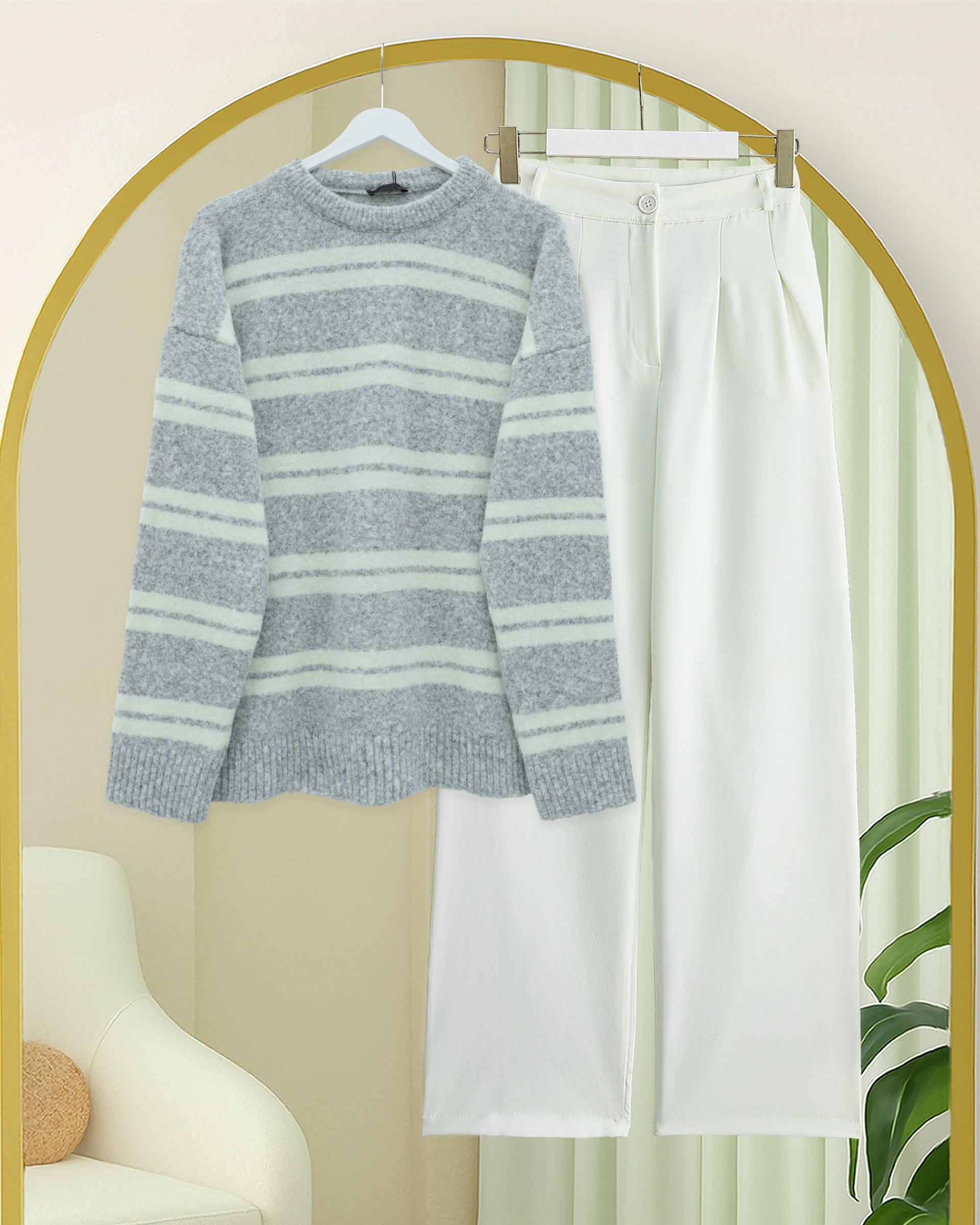 Round Neck Striped Soft Knit Sweater - Grey - Podyumplus - by Peralane - photo 6