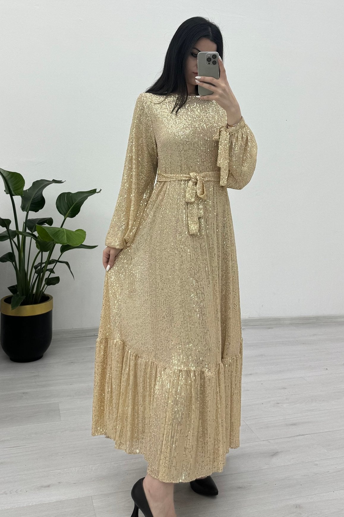 Gold Sequin Evening Dress with Belt and Stitched Skirt - Podyumplus - by Peralane