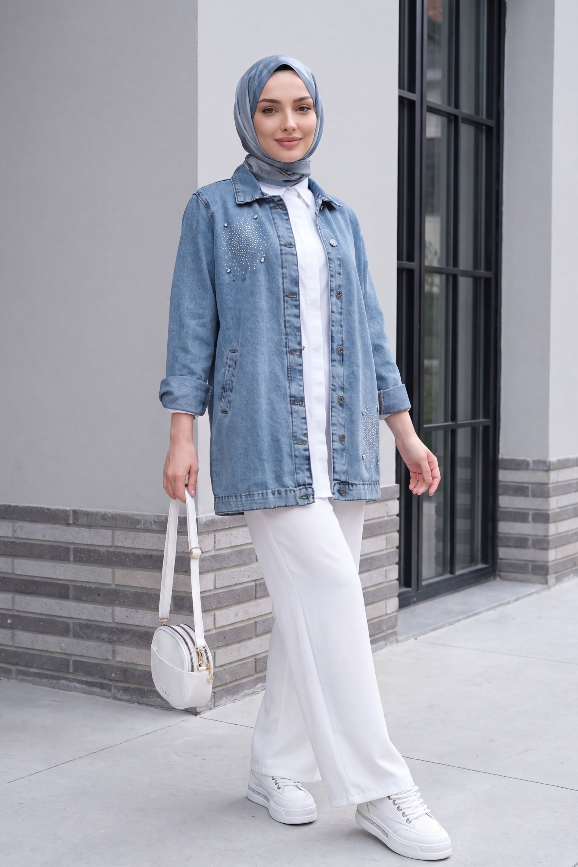 Stone Detail Double Pocket Denim Jacket - Ice Blue - Podyumplus - by Peralane - photo 2