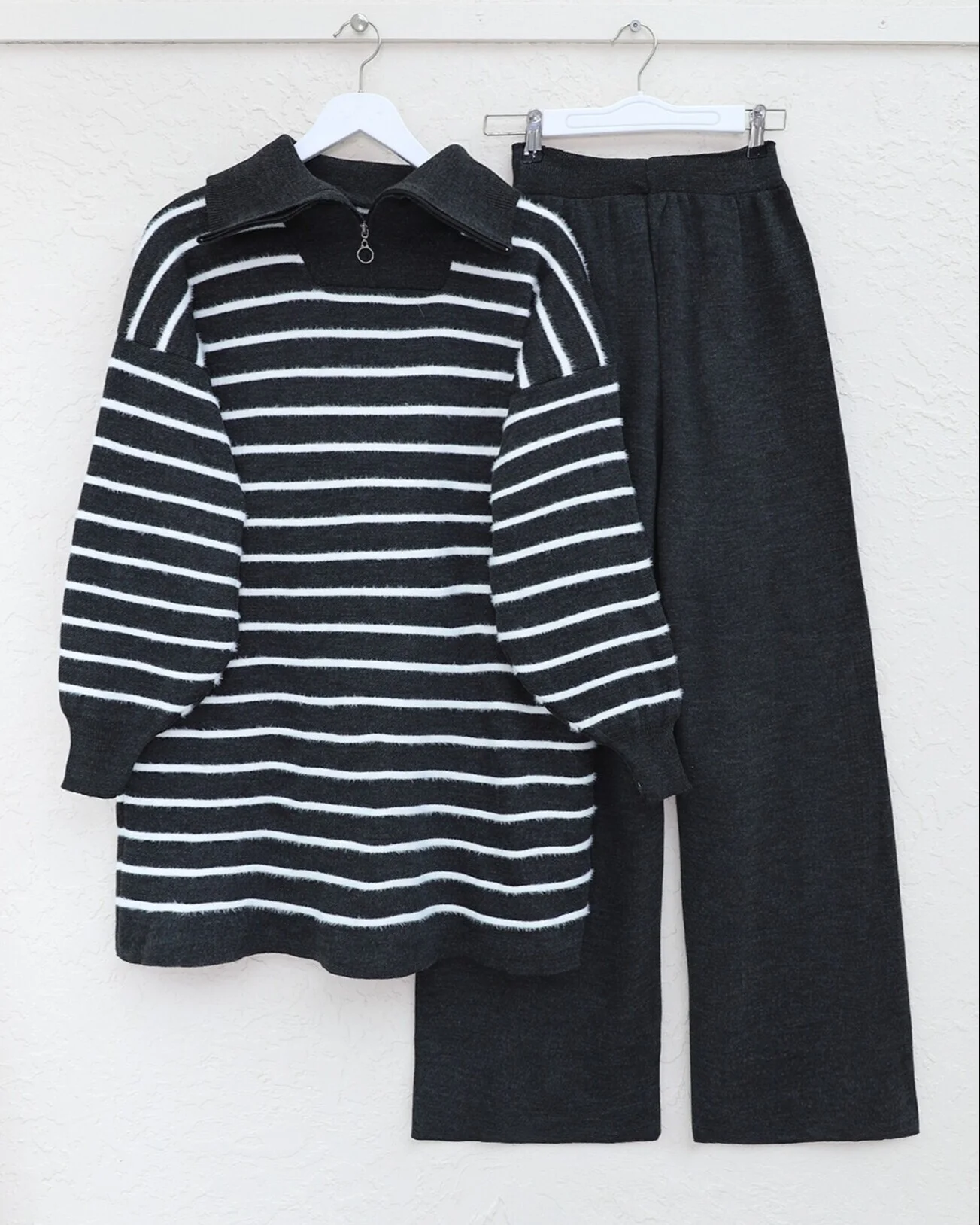 Women's High Collar Zip Striped Knit Set - Anthracite - Podyumplus - by Peralane - photo 5