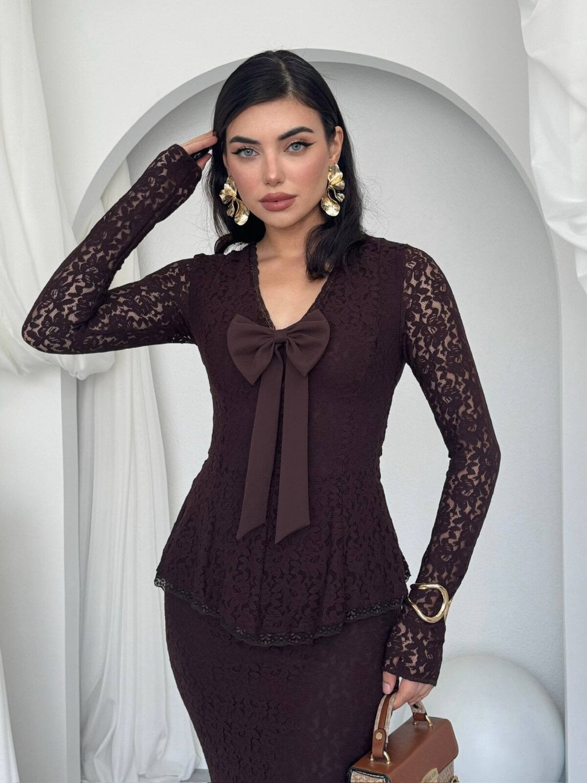 Dark Brown Lace Peplum Blouse with Bow Detail - Etika - by Peralane - photo 5