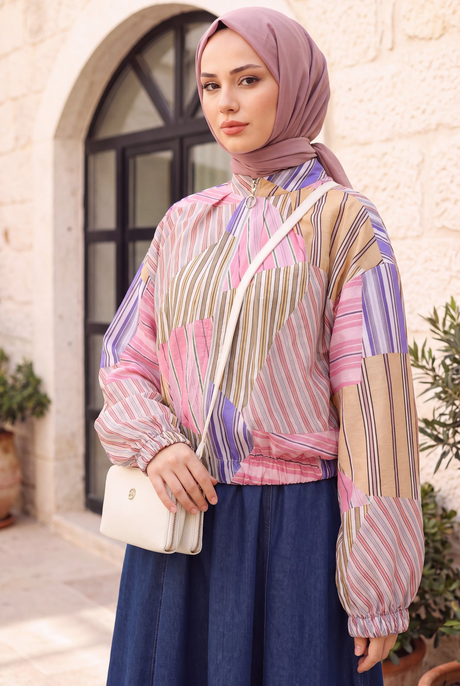 Elasticated Cuff and Waist Zip-Up Patterned Summer Jacket - Pink - Podyumplus - by Peralane - photo 7