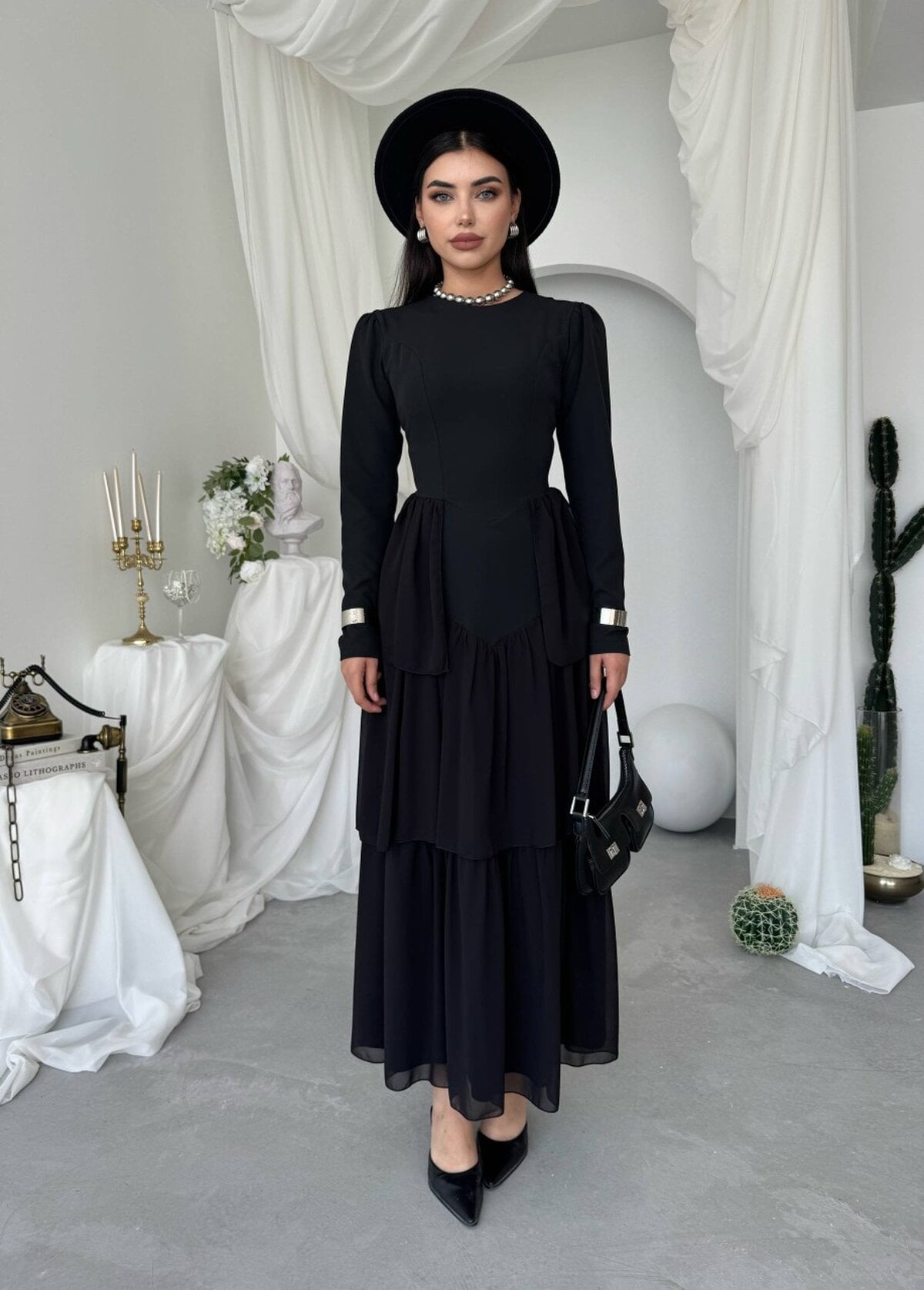 Black Long-Sleeved V-Neck Midi Dress with Lace-Up Back and Tiered Skirt - Etika - by Peralane - photo 6