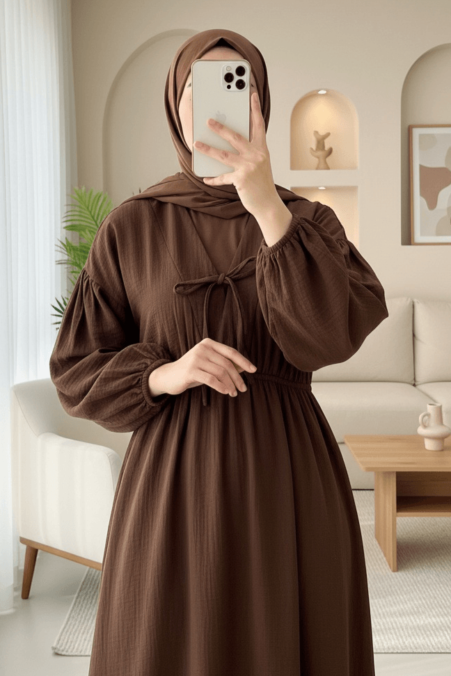 Brown Muslin Dress with Tie Neck, Elastic Cuffs and Waist - Podyumplus - by Peralane