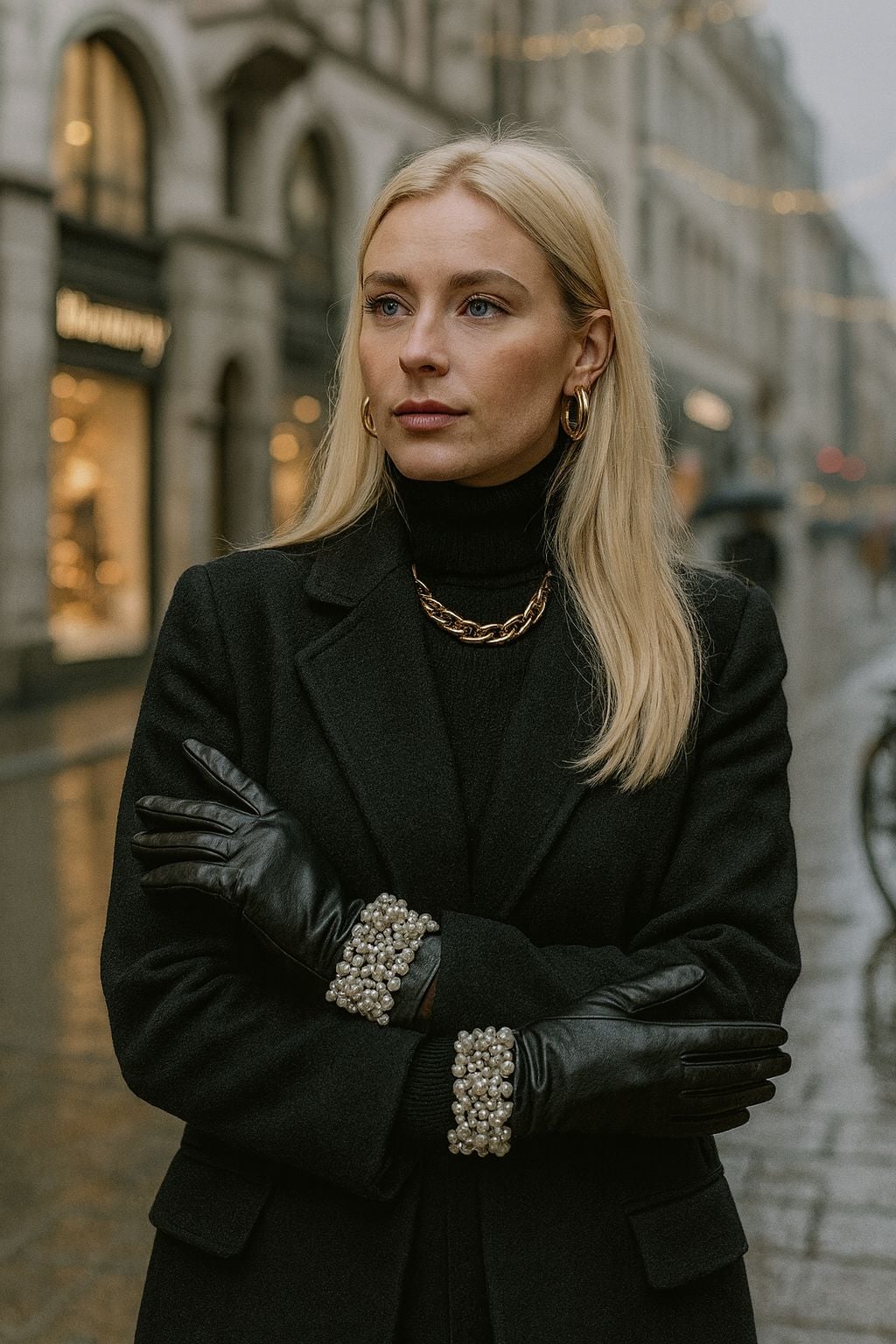 Black Faux Leather Gloves with Pearl-Embellished Cuffs - Nesvay - by Peralane - photo 2