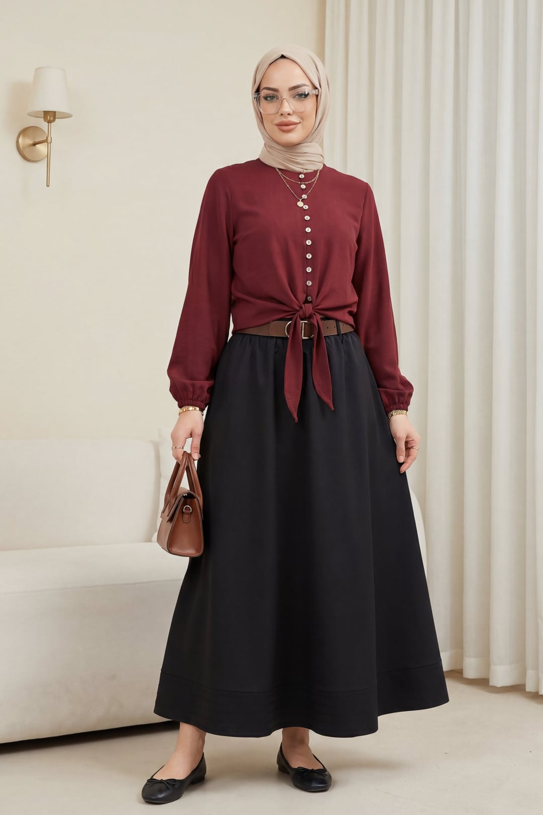 Tie-Front Button-Down Modal Blouse with Elasticated Waist and Cuffs - Bordeaux - Podyumplus - by Peralane - photo 2