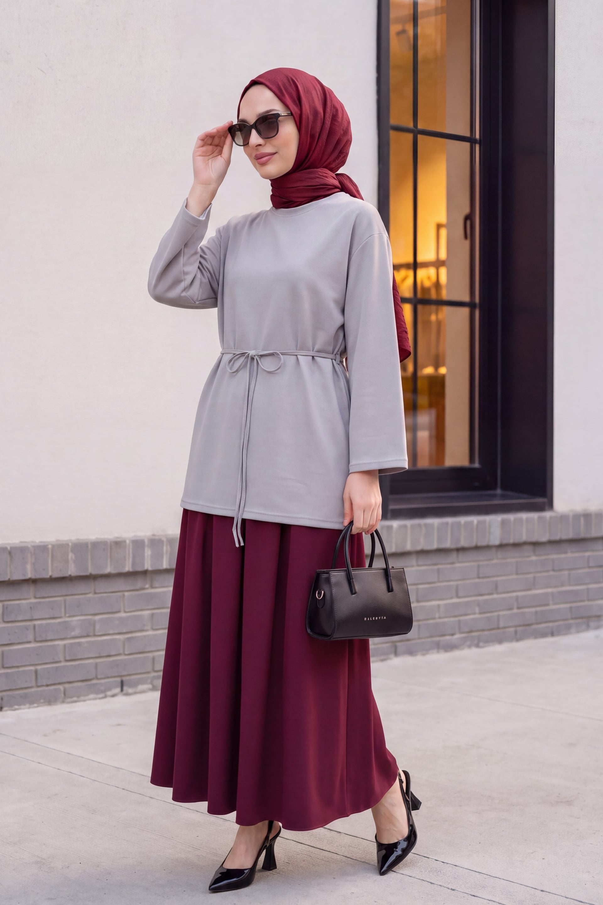 Zippered Pleated Crepe Skirt with Pockets - Burgundy - Podyumplus - by Peralane - photo 4