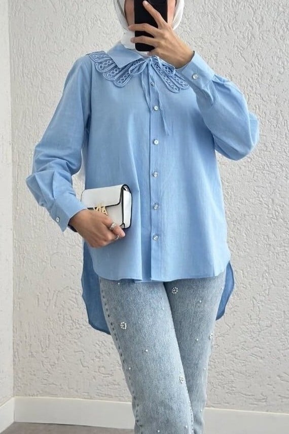 Collar Detail Long Back Buttoned Blouse - Blue - Podyumplus - by Peralane - photo 2