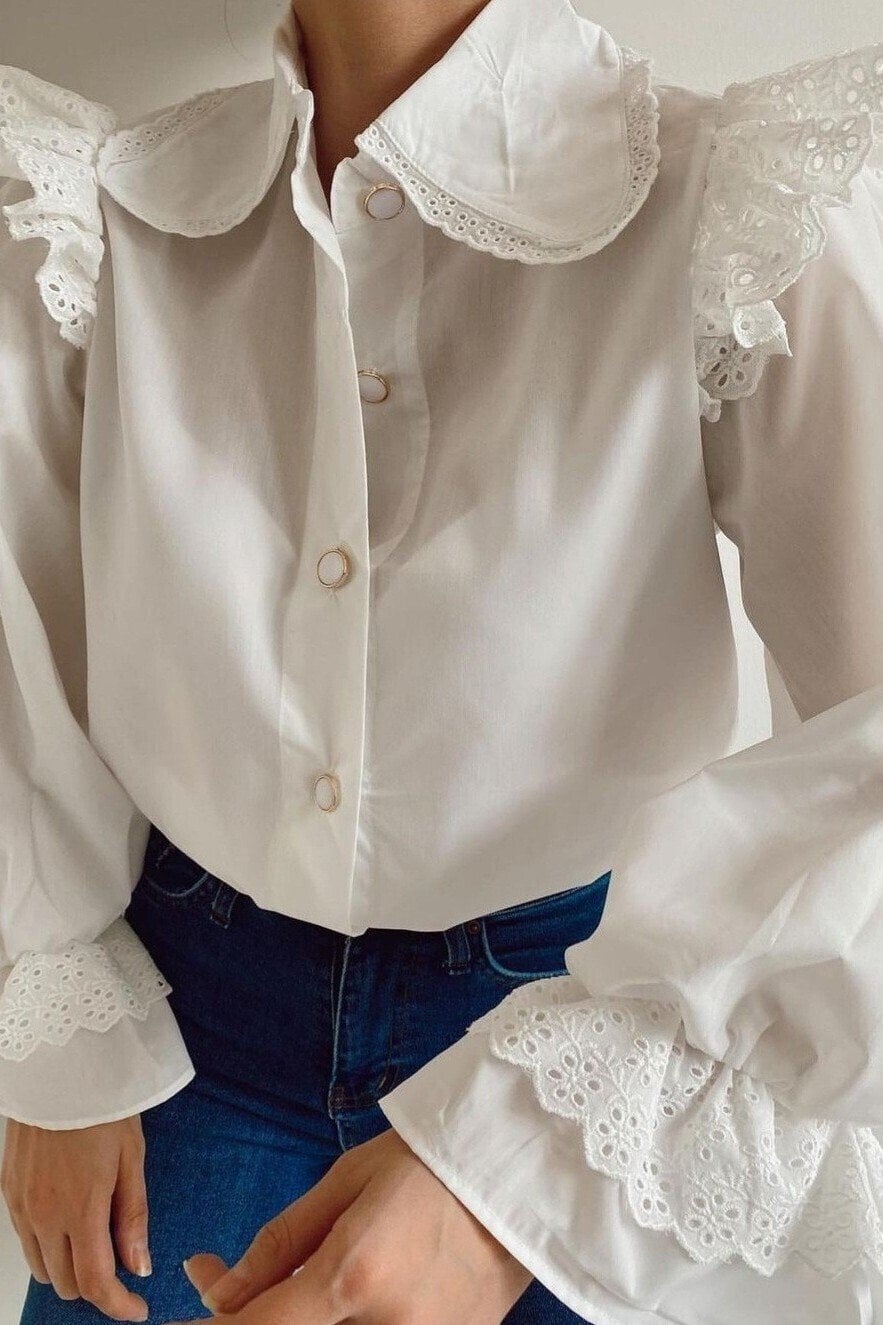 White Long-Sleeve Blouse with Peter Pan Collar and Ruffled Shoulders - Podyumplus - by Peralane - photo 4