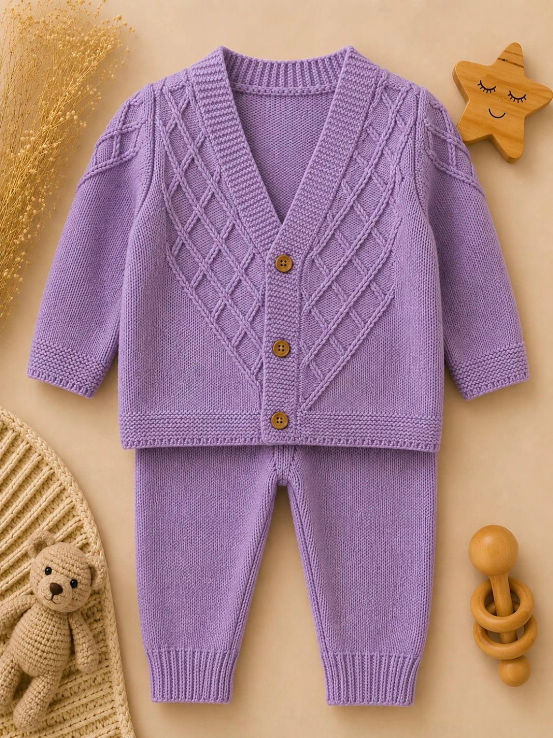 2-Piece Knitted Baby Set in Lavender - Cardigan and Trousers - Has Bereket - by Peralane