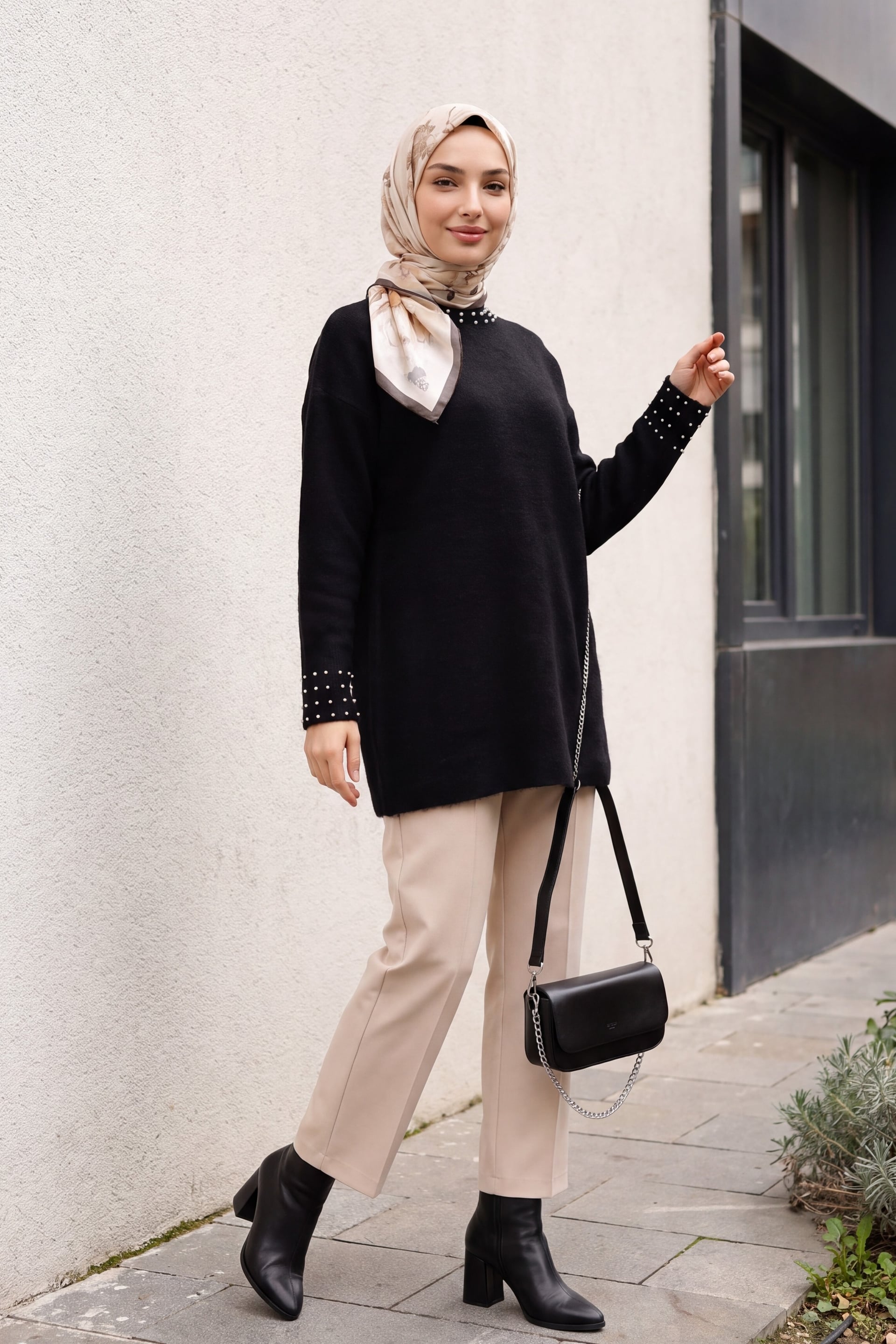 Black Knit Tunic with Pearl Detail Neck and Cuffs - Podyumplus - by Peralane - photo 3