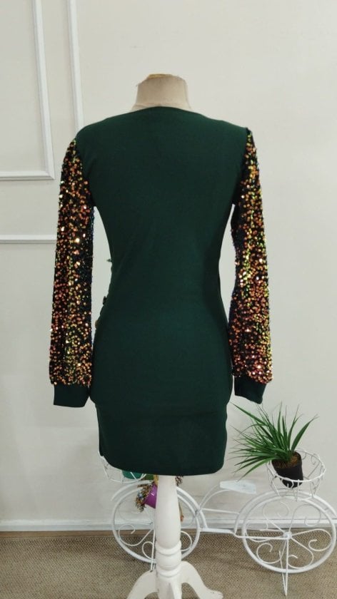 Women's Long Sleeve Sequin Faux Wrap Dress with Side Buttons in Emerald Green - Janes - by Peralane - photo 5