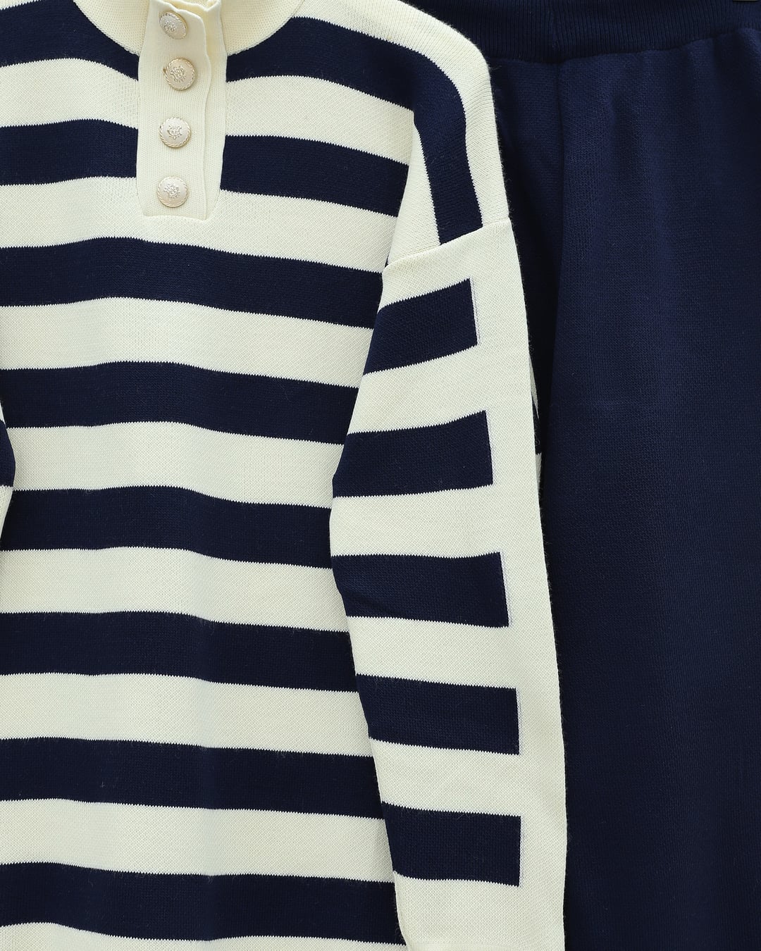 Half Turtleneck Buttoned Thick Striped Knit Lounge Set - Navy Blue - Podyumplus - by Peralane - photo 5