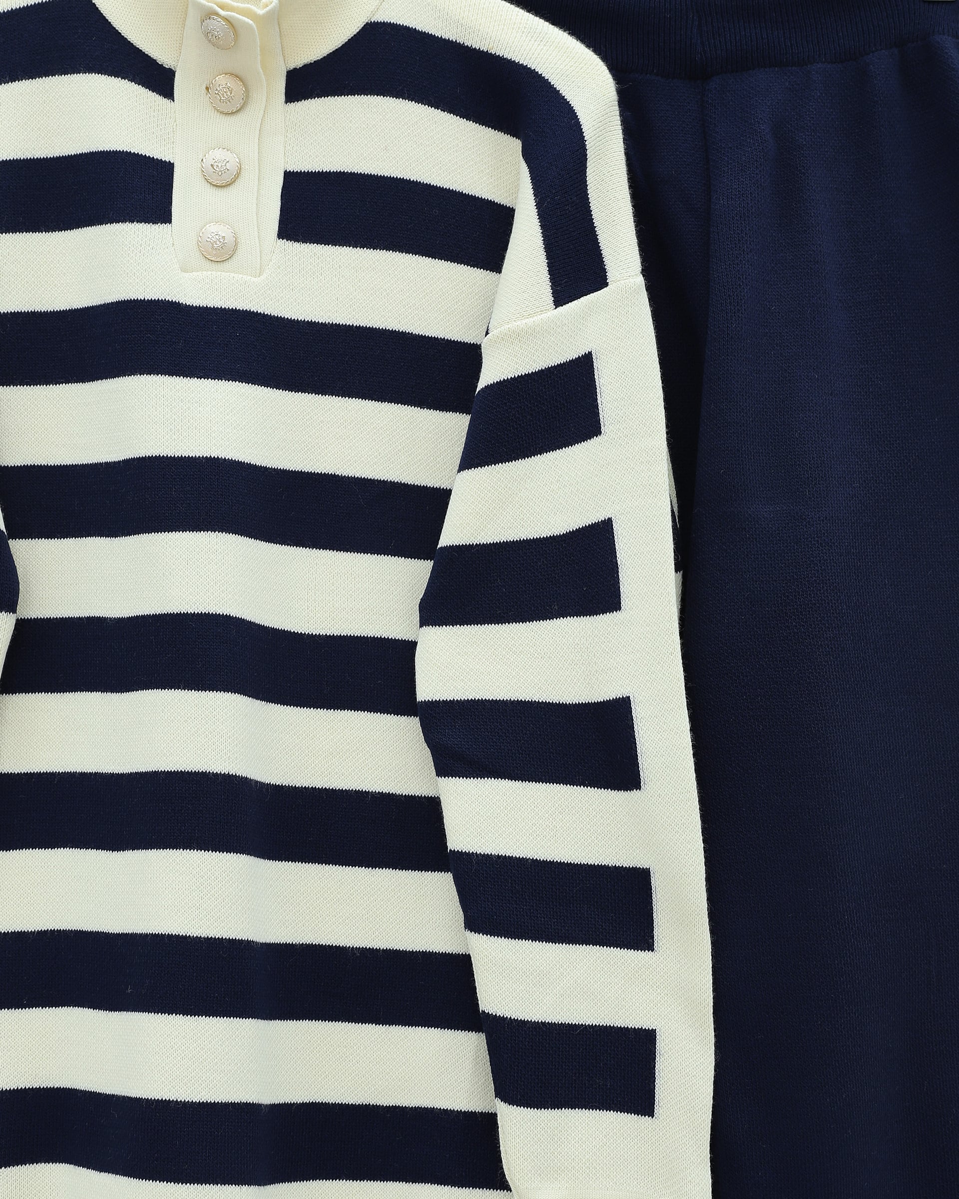 Half Turtleneck Buttoned Thick Striped Knit Lounge Set - Navy Blue - Podyumplus - by Peralane - photo 5