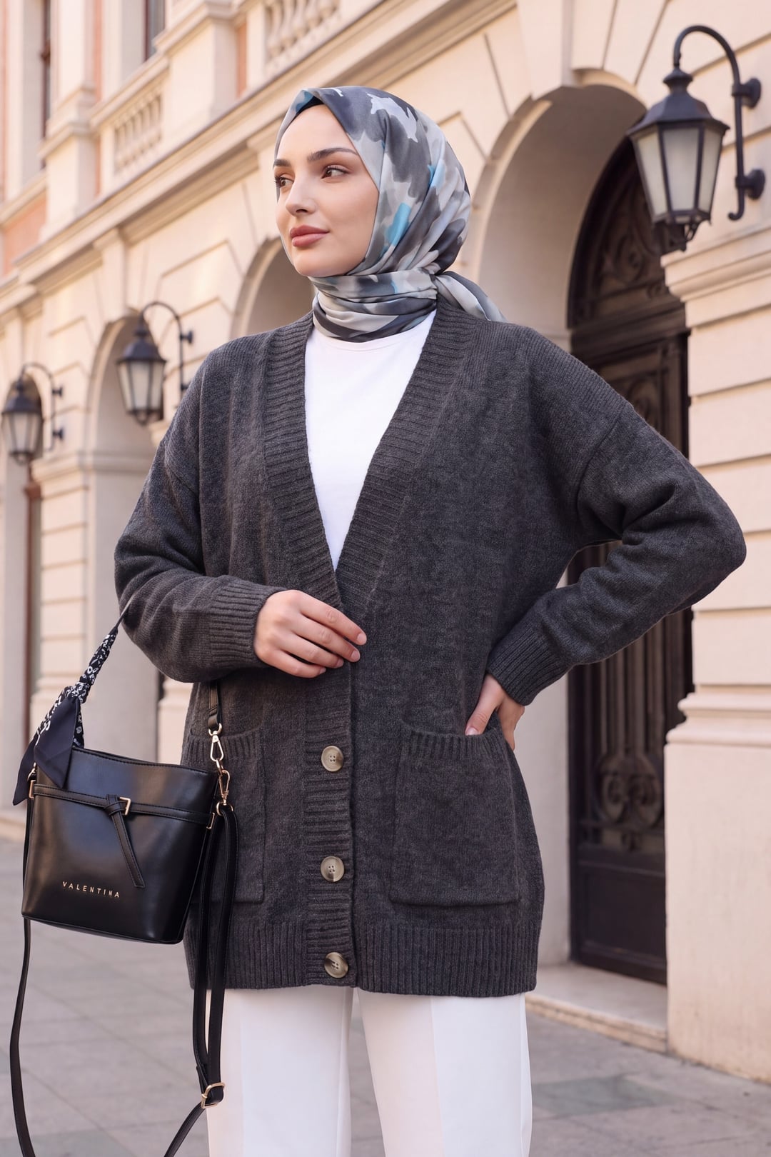 Buttoned Double-Pocket Oversized Knit Cardigan - Smoke - Podyumplus - by Peralane - photo 2