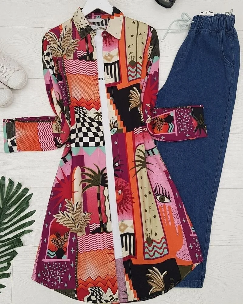 Printed Long Tunic - Orange - Podyumplus - by Peralane - photo 3