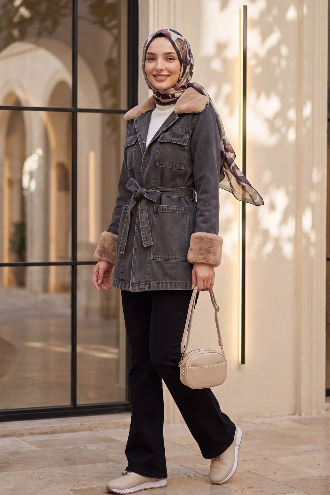 Fur-Trimmed Tie-Waist Denim Jacket with Pockets - Smoke - Podyumplus - by Peralane - photo 5