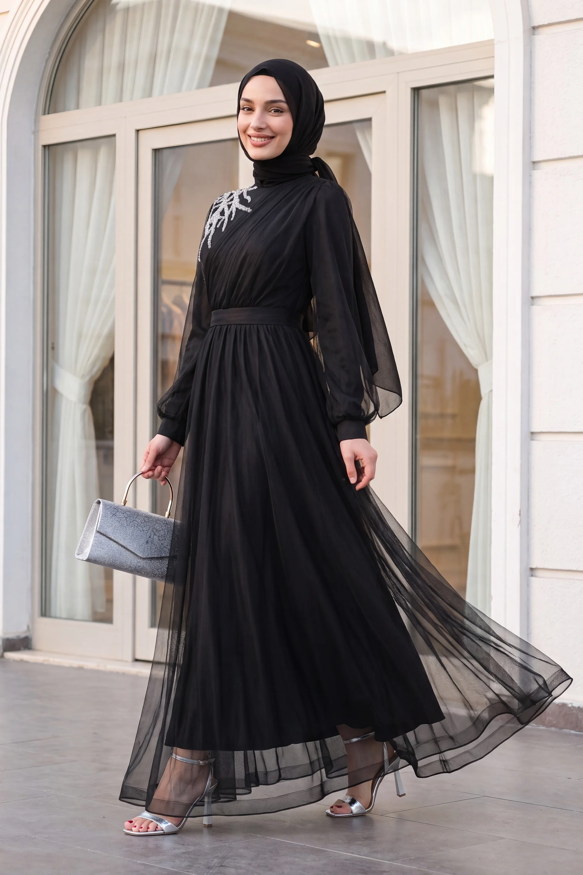 Black Sequin Embellished Tulle Evening Dress with Belt - Podyumplus - by Peralane - photo 2