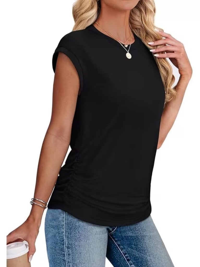 Women's Black Short Sleeve Crew Neck Ruched Side Blouse - Janes - by Peralane - photo 5