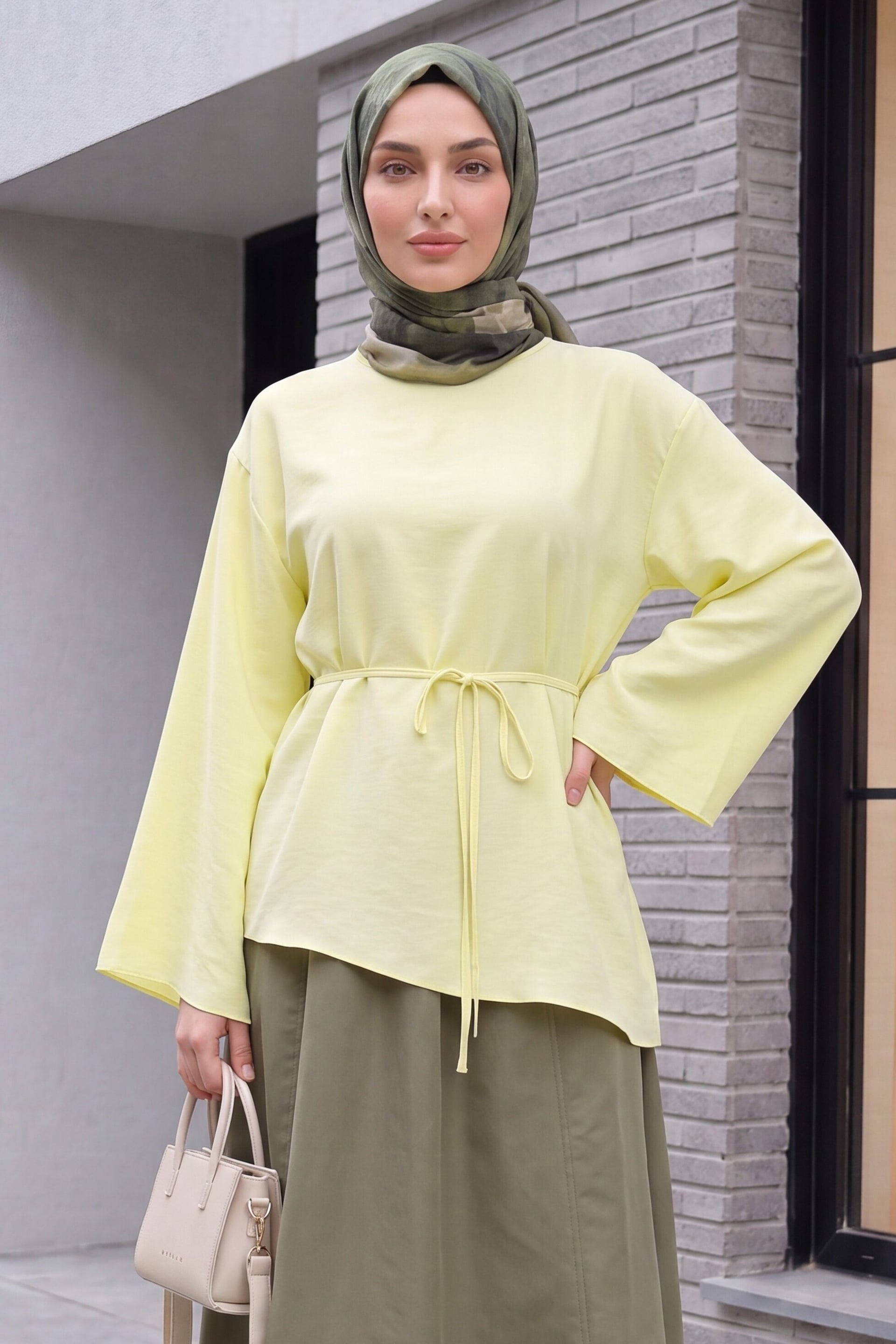 Asymmetric Cut Tie-Waist Oversize Modal Tunic - Pale Yellow - Podyumplus - by Peralane - photo 3