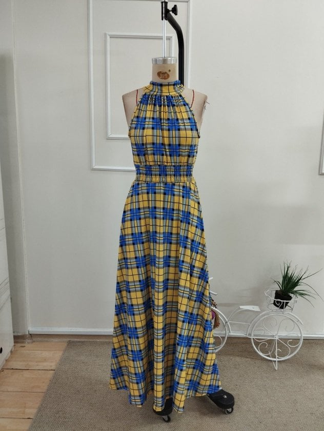 Women's Sleeveless Halter Neck Smocked Waist Plaid Maxi Dress - Janes - by Peralane - photo 4