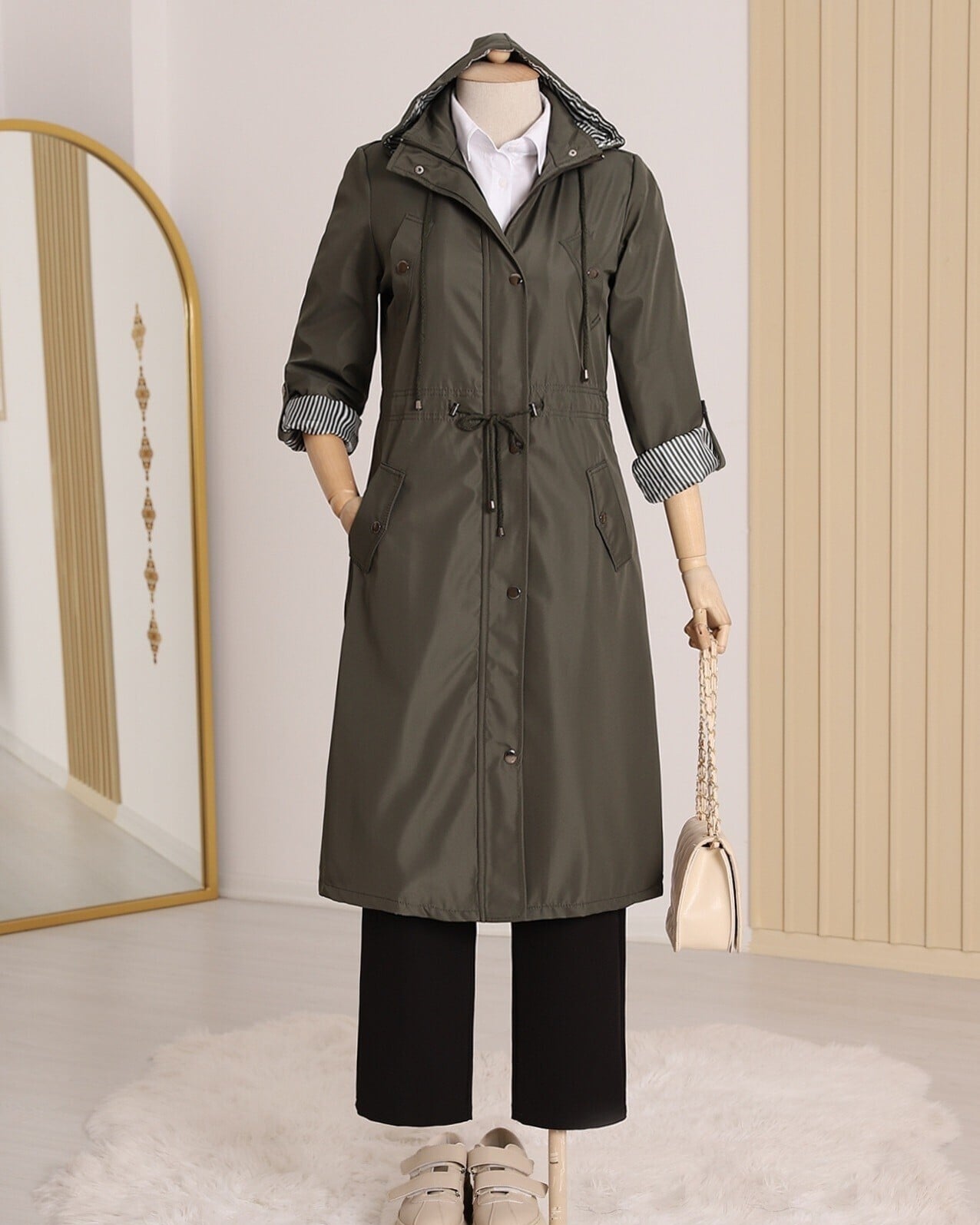 Striped Lined Trench Coat - Khaki - Podyumplus - by Peralane - photo 4