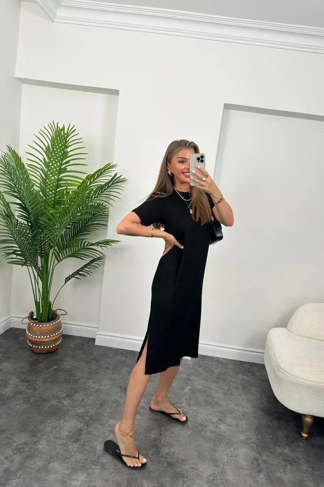 Women's Black Short Sleeve Side Slit Viscose Midi Dress - Janes - by Peralane