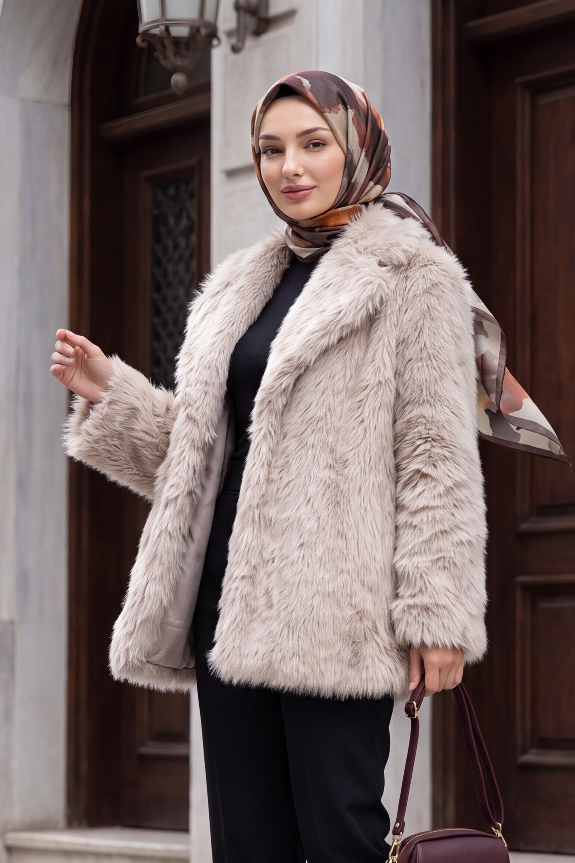 Cream Faux Fur Lapel Collar Coat with Belt - Bigdart - by Peralane - photo 2