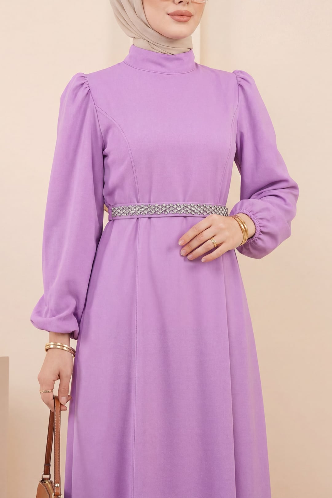 Crew Neck Balloon Sleeve Belted Dress - Pink - Podyumplus - by Peralane - photo 2