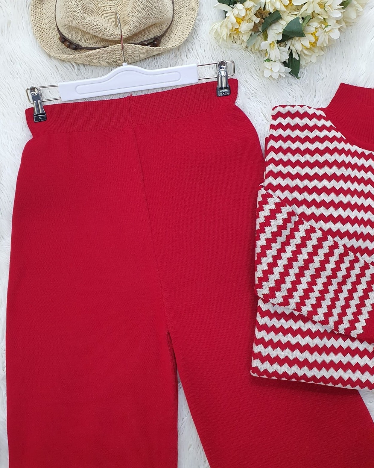 Red Knit Wide-Leg Lounge Trousers - Podyumplus - by Peralane - photo 2