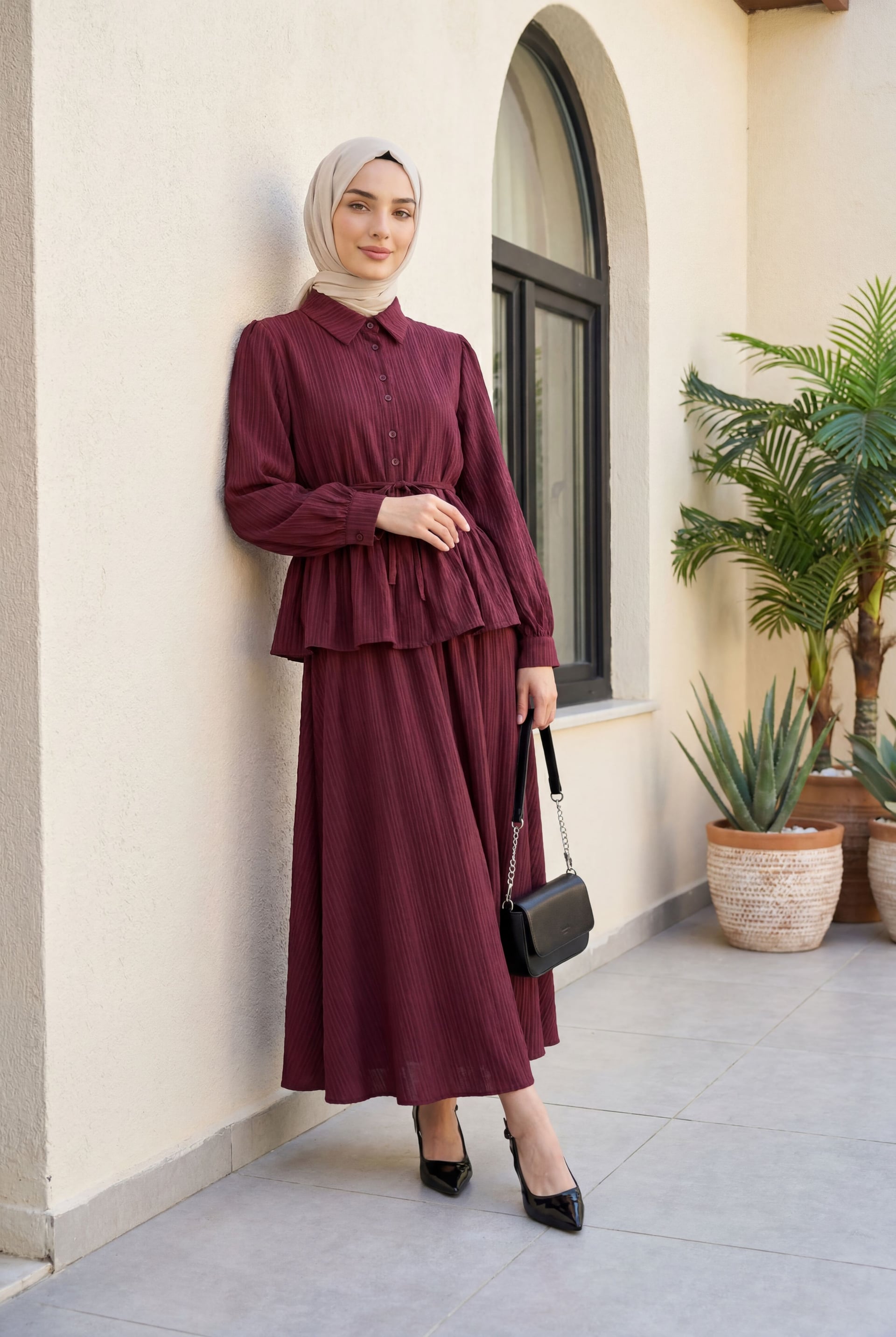 Ruffled Skirt Buttoned Lace-Up Two-Piece Modest Set - Berry - Podyumplus - by Peralane - photo 3