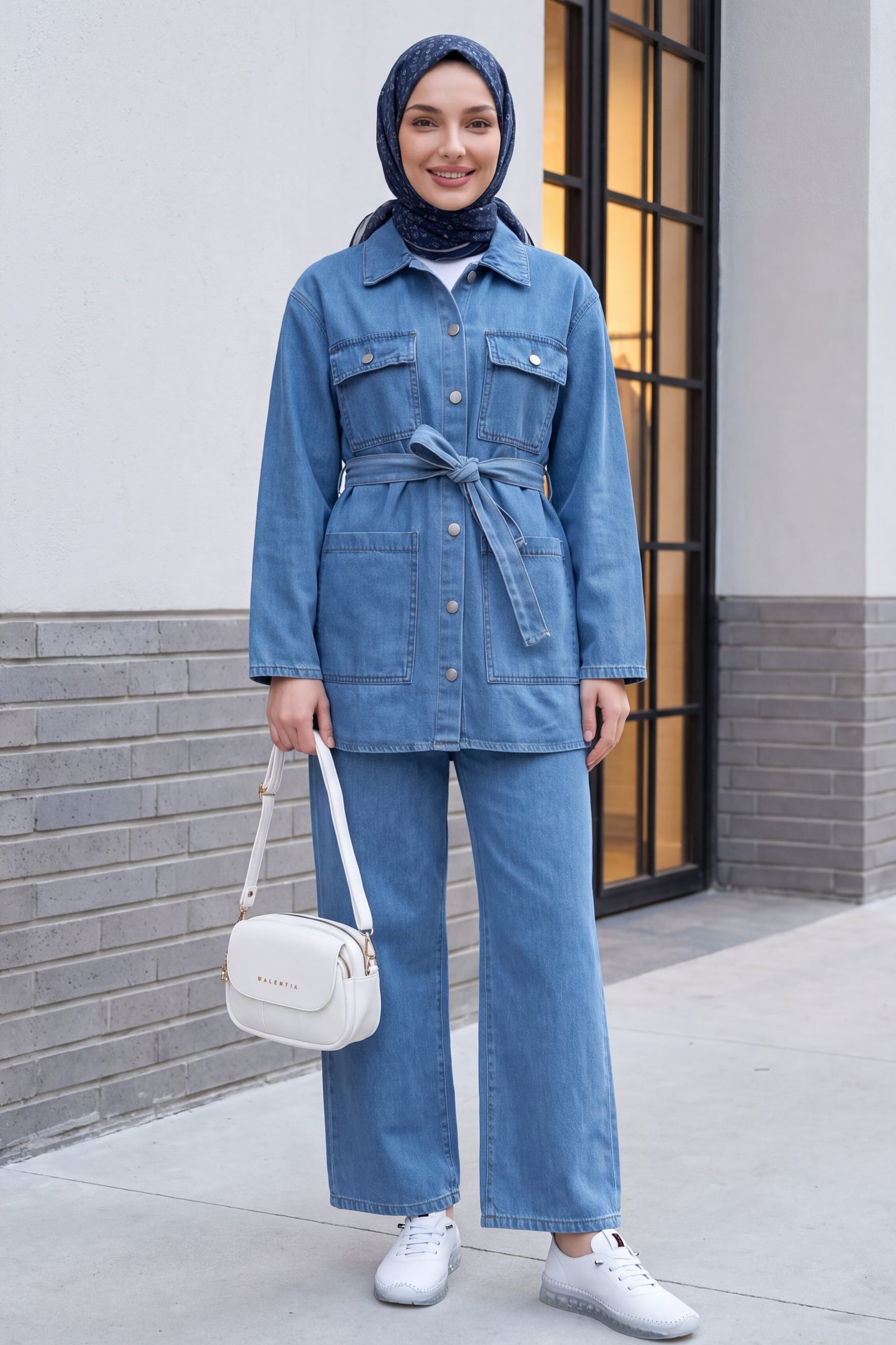 Belted Button-Front Denim Co-ord Set in Ice Blue - Podyumplus - by Peralane - photo 3