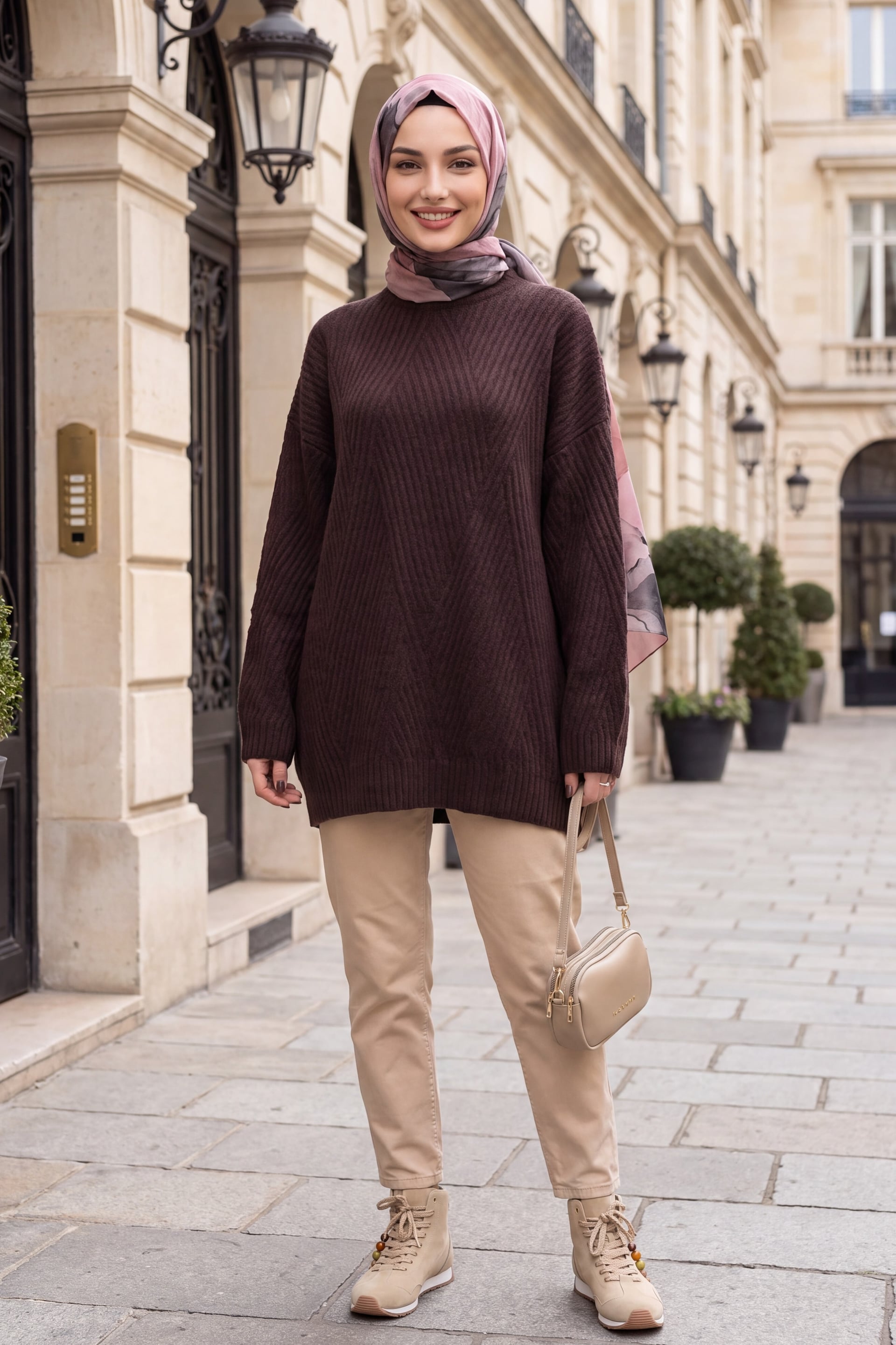Crewneck Patterned Relaxed Knit Tunic - Dark Plum - Podyumplus - by Peralane - photo 3