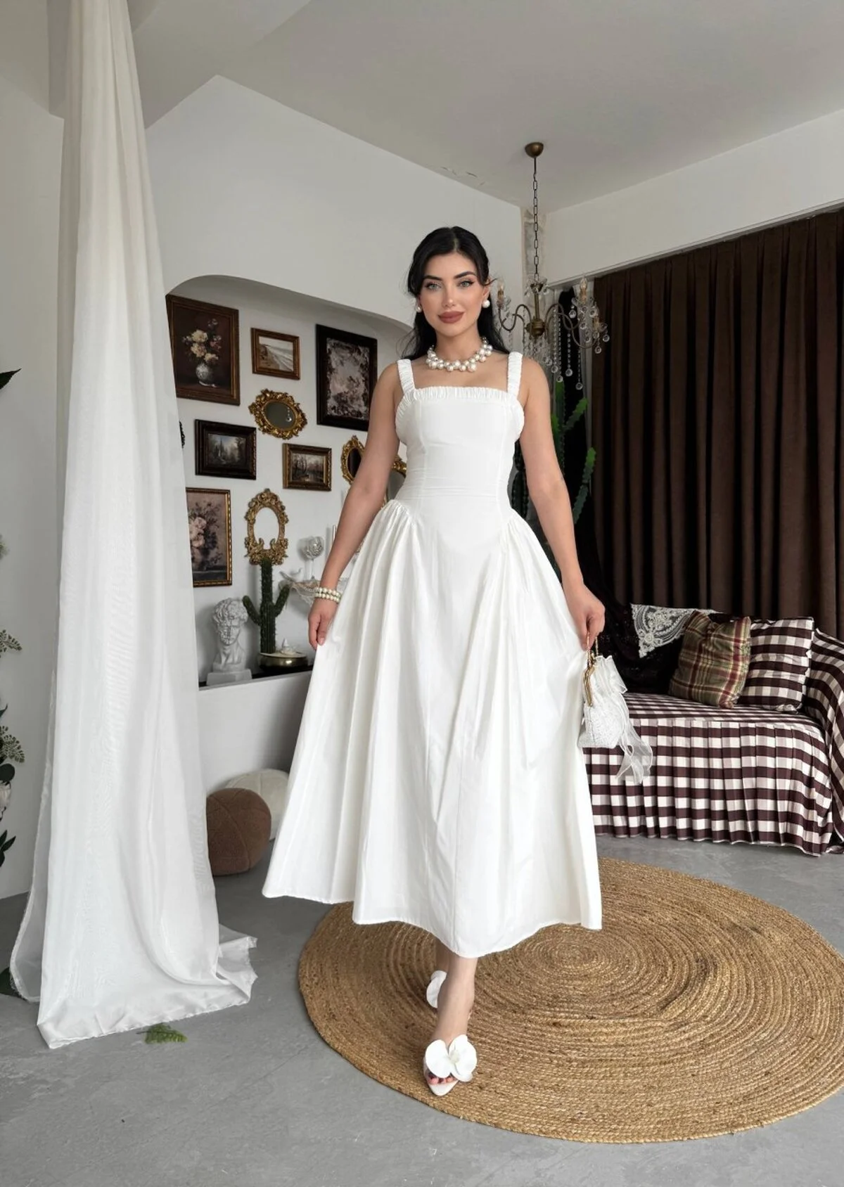 Ekru Poplin Midi Dress with Square Neckline and Ruched Straps - Etika - by Peralane - photo 4